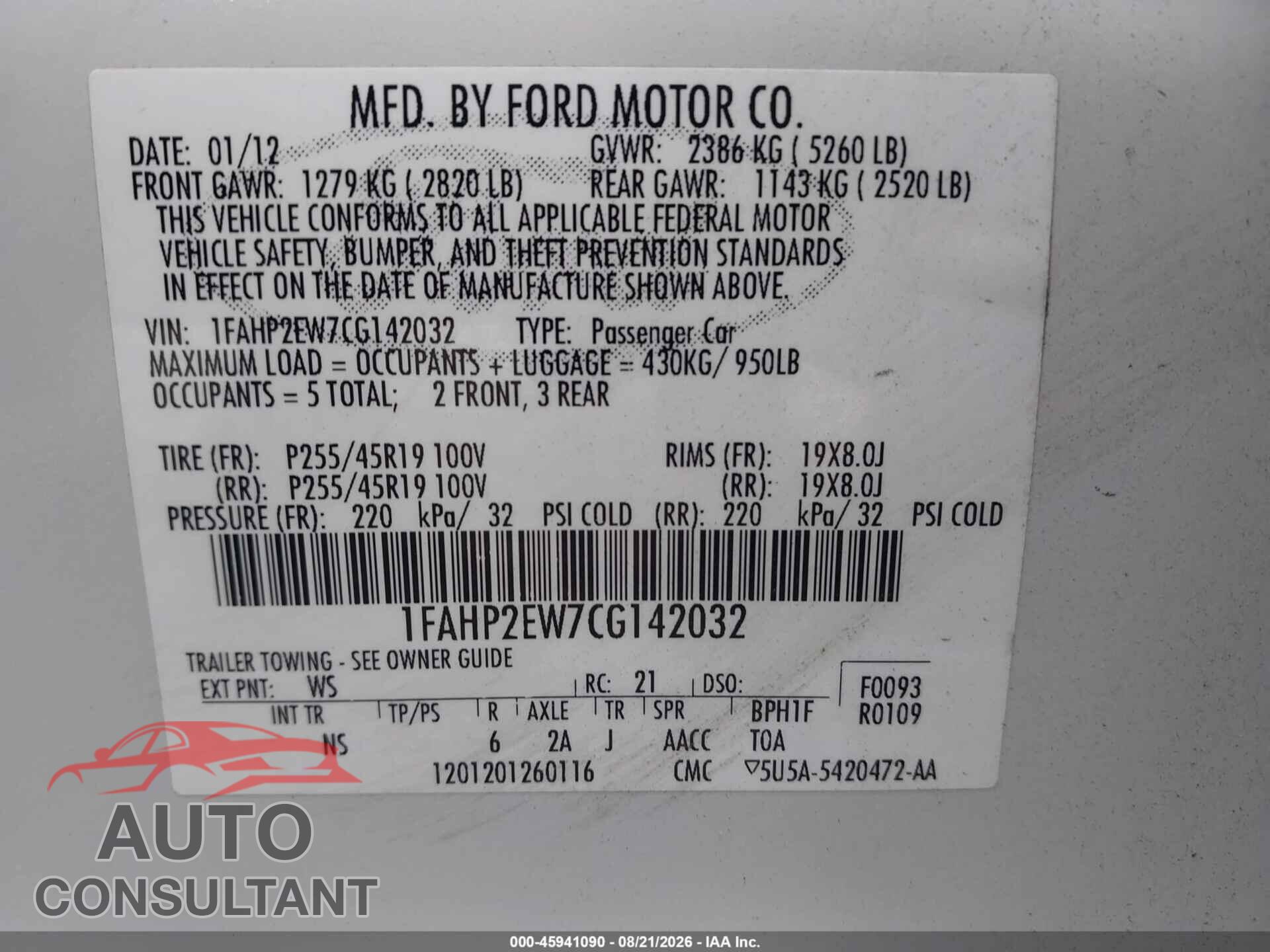 FORD TAURUS 2012 - 1FAHP2EW7CG142032