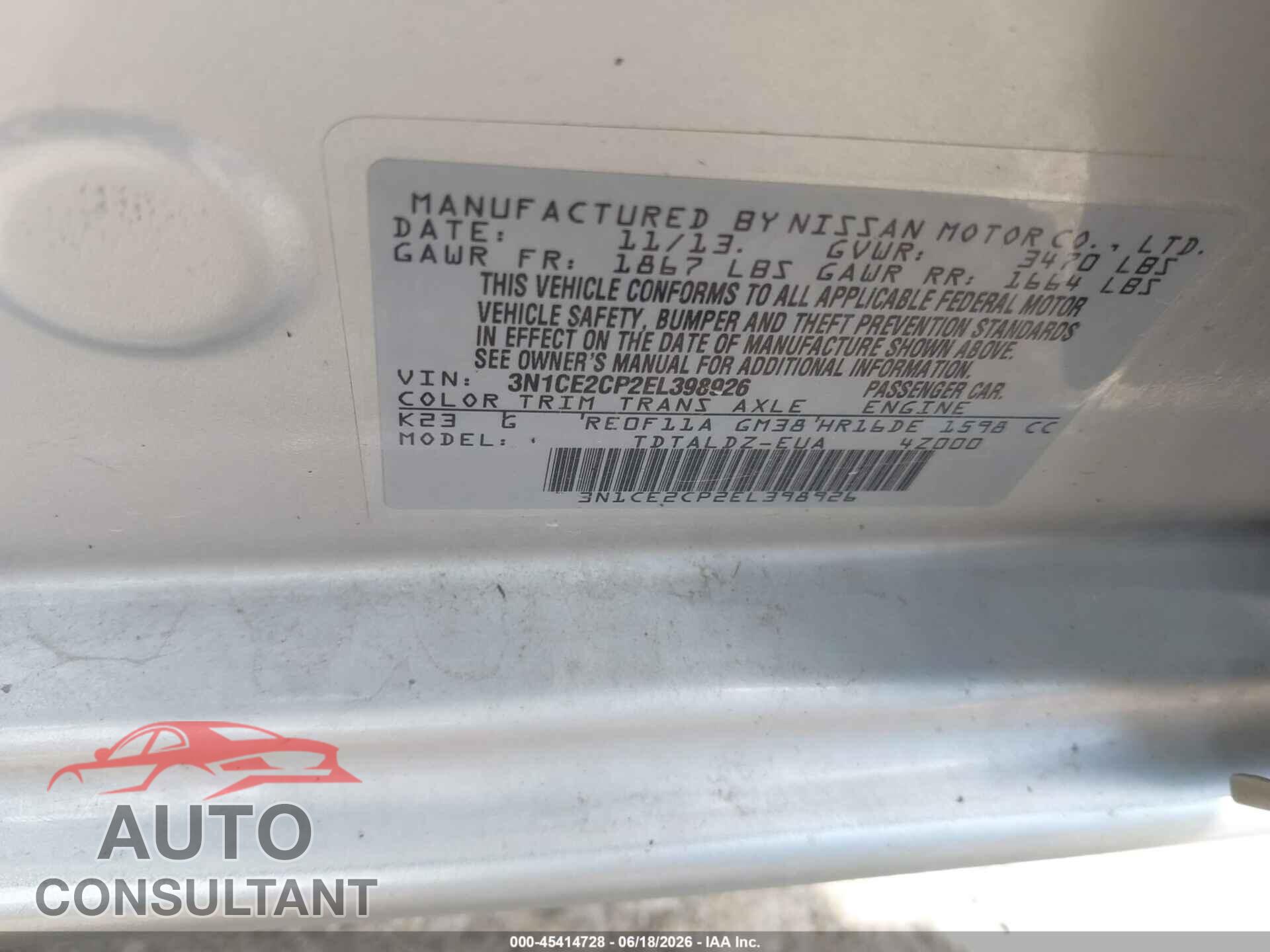 NISSAN VERSA NOTE 2014 - 3N1CE2CP2EL398926
