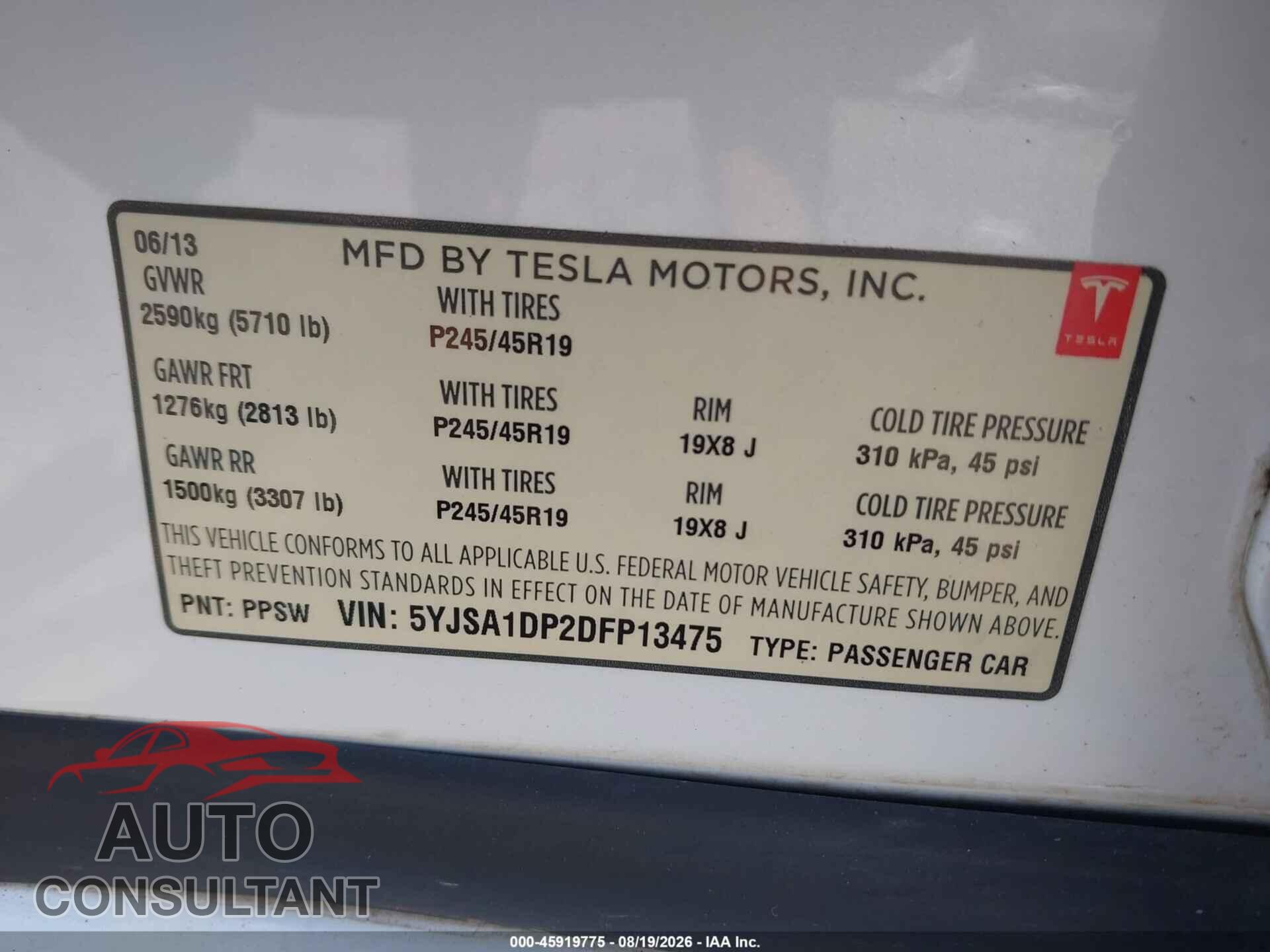 TESLA MODEL S 2013 - 5YJSA1DP2DFP13475