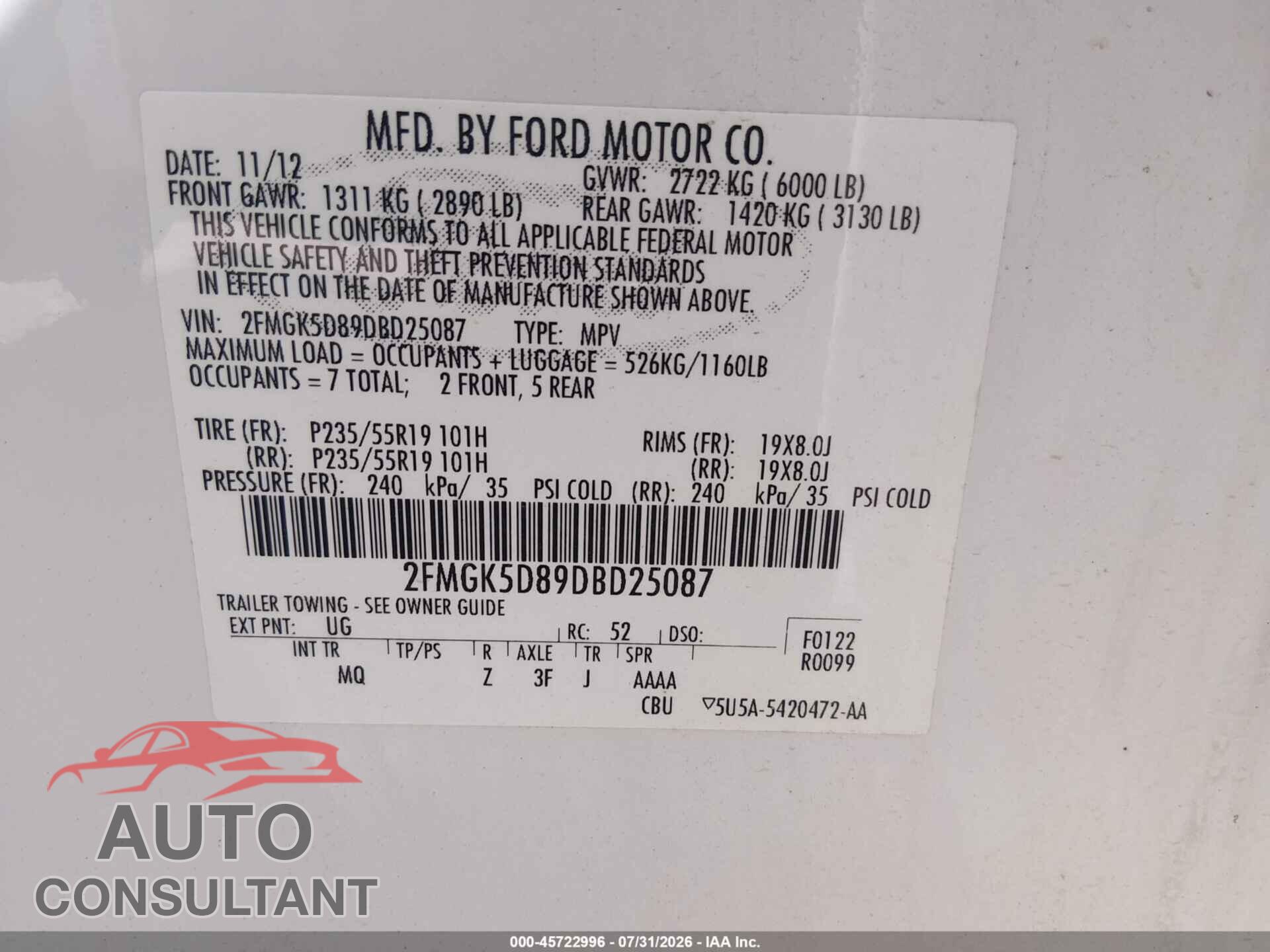 FORD FLEX 2013 - 2FMGK5D89DBD25087