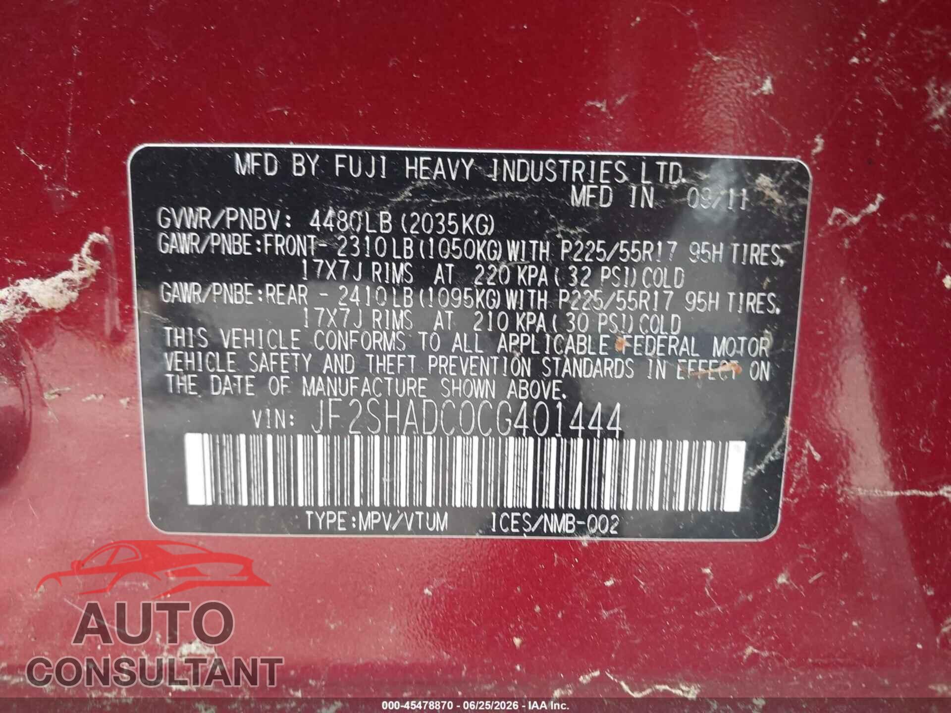 SUBARU FORESTER 2012 - JF2SHADC0CG401444