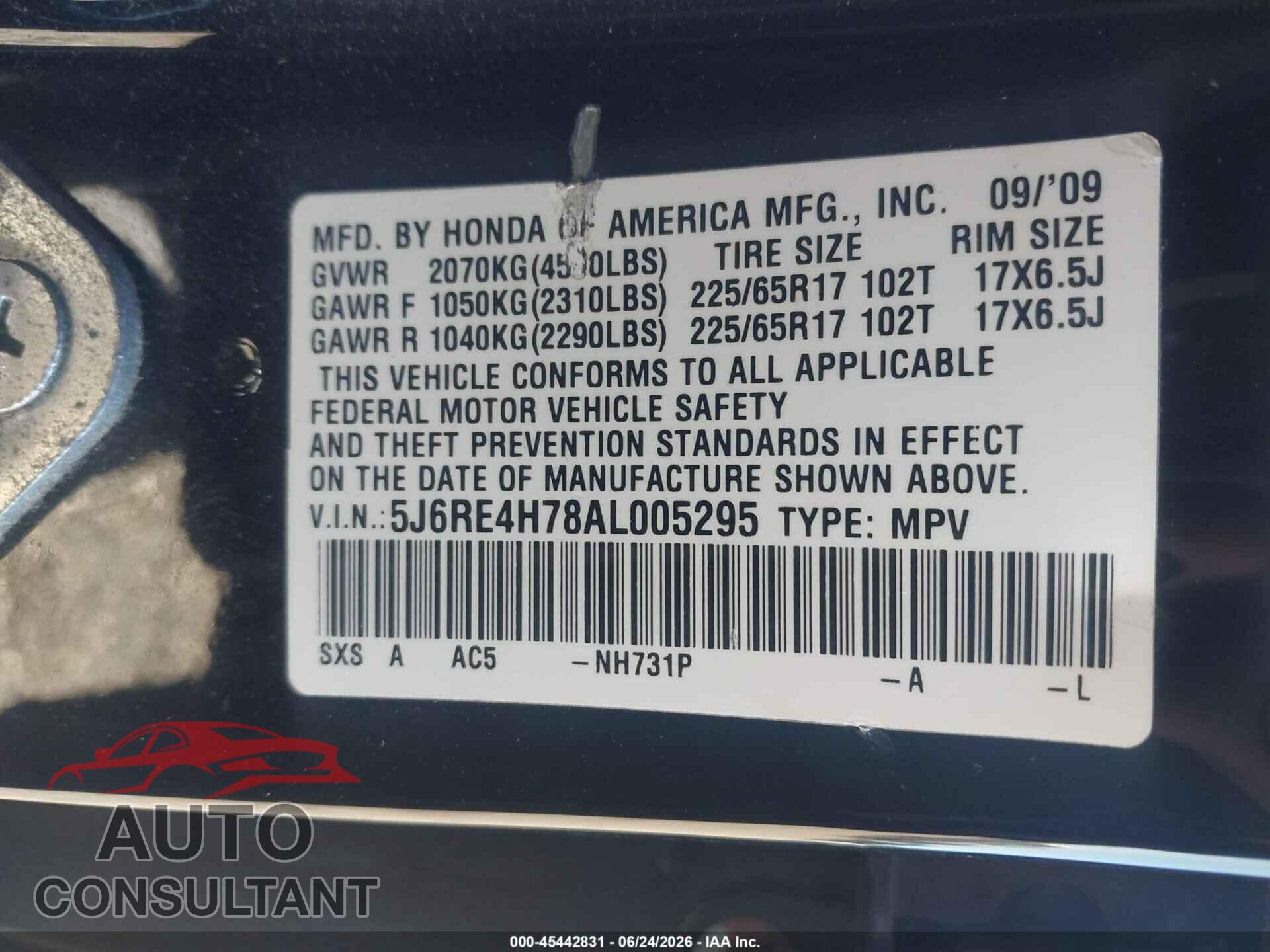 HONDA CR-V 2010 - 5J6RE4H78AL005295