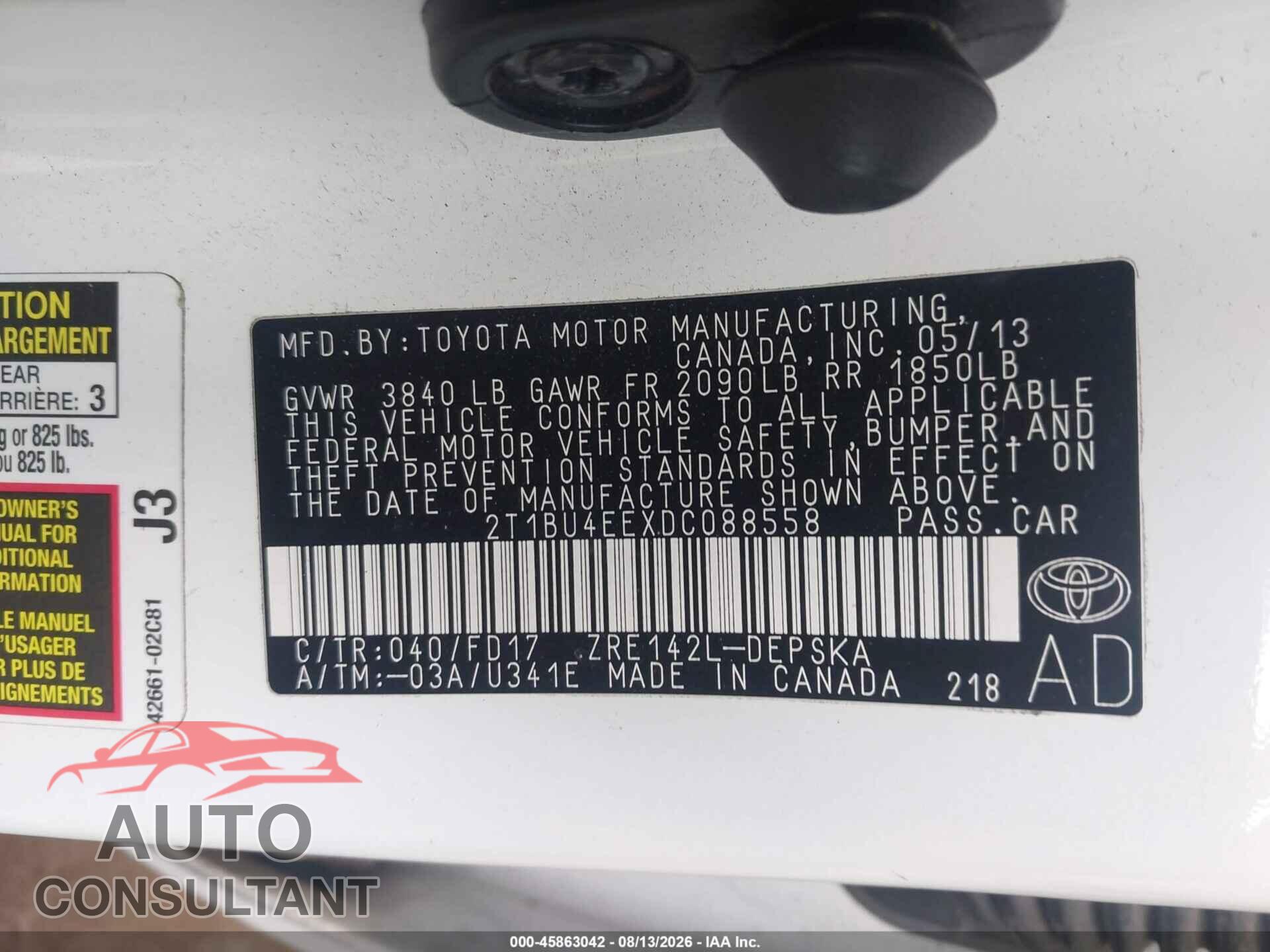 TOYOTA COROLLA 2013 - 2T1BU4EEXDC088558