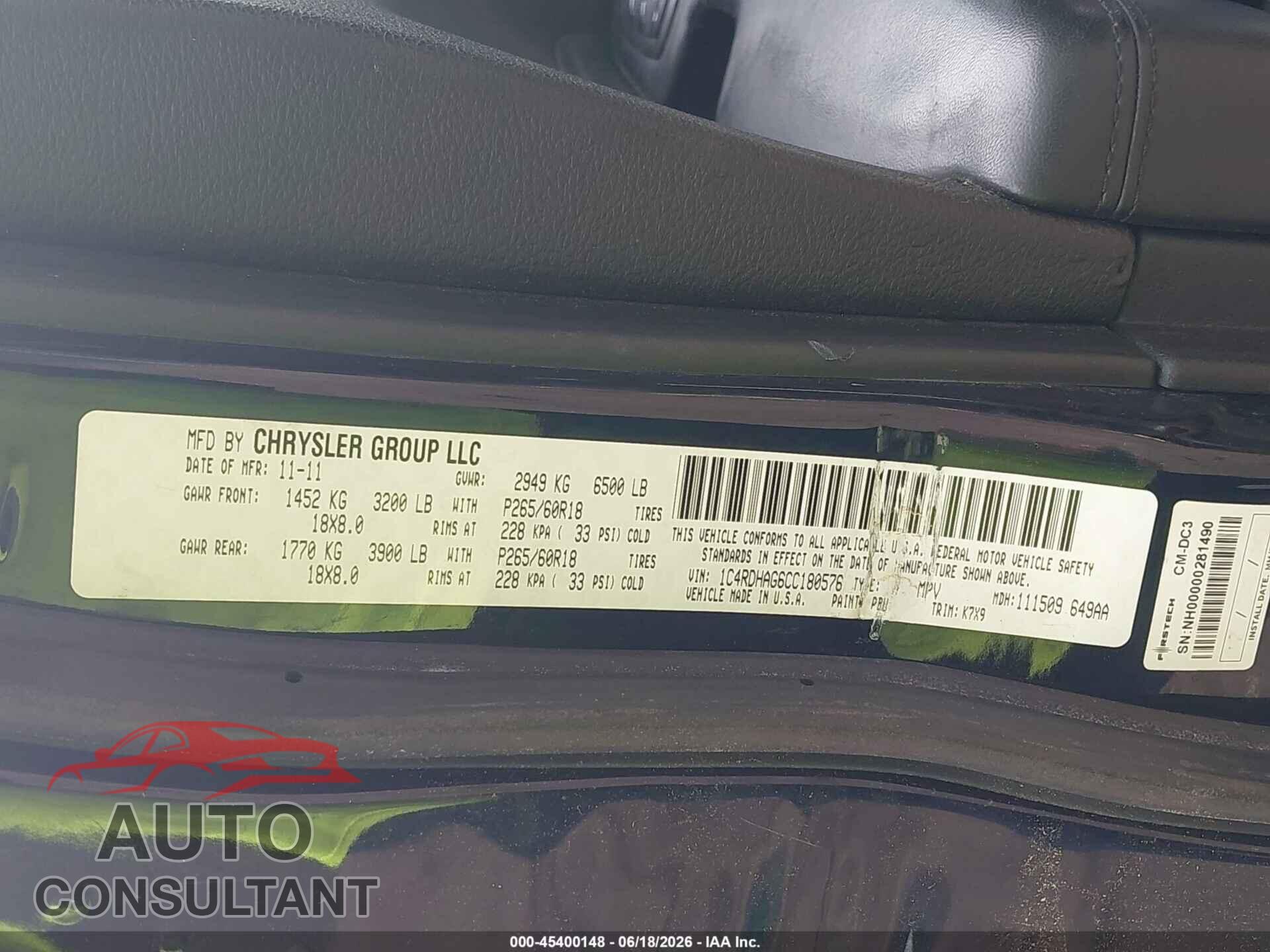 DODGE DURANGO 2012 - 1C4RDHAG6CC180576