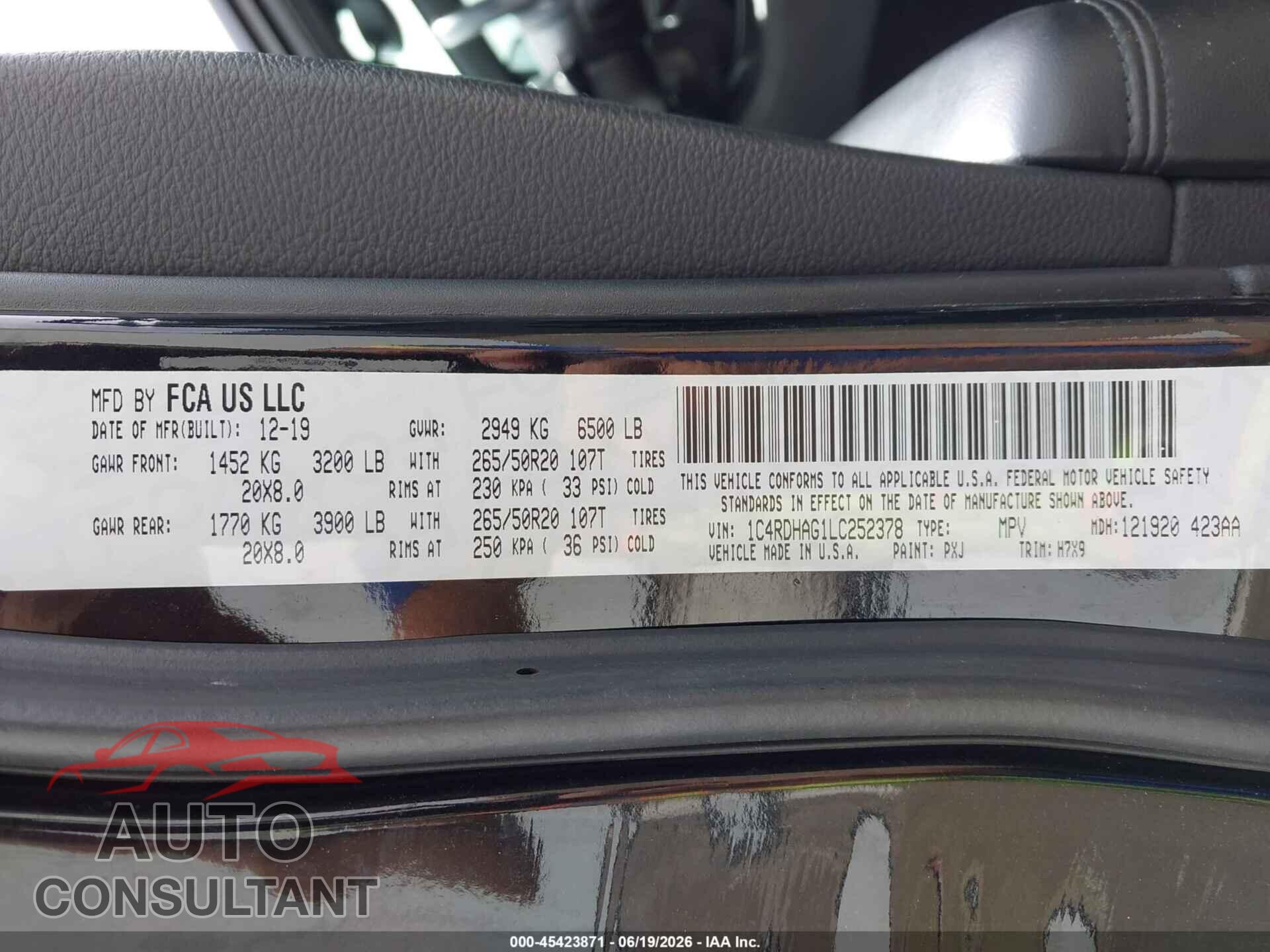 DODGE DURANGO 2020 - 1C4RDHAG1LC252378