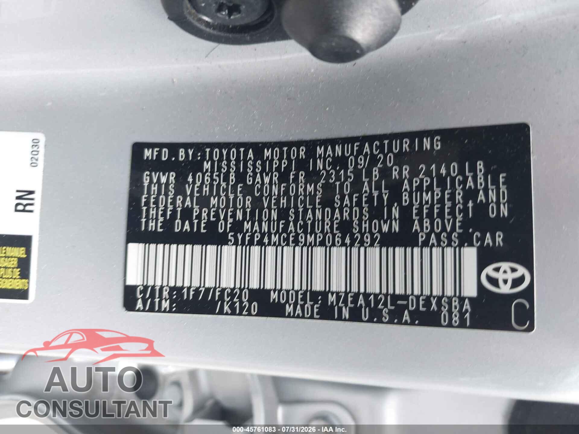 TOYOTA COROLLA 2021 - 5YFP4MCE9MP064292