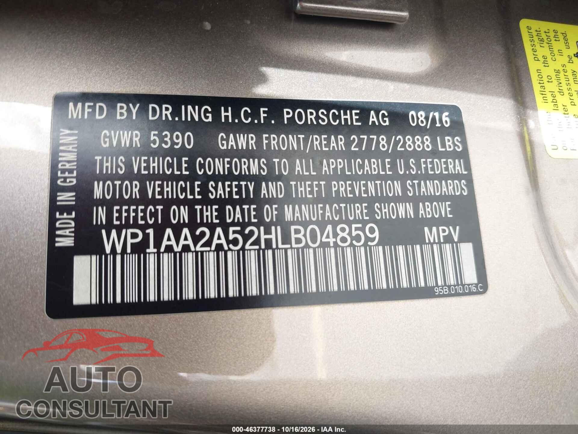 PORSCHE MACAN 2017 - WP1AA2A52HLB04859
