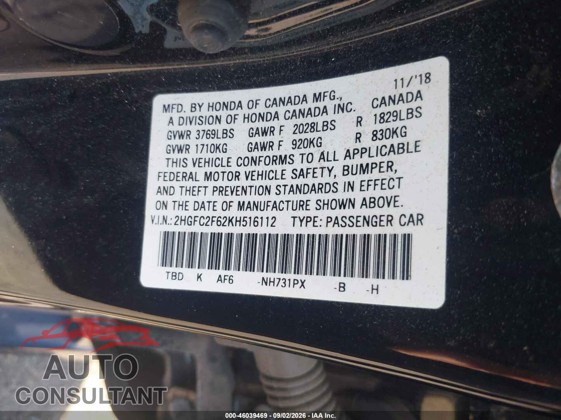 HONDA CIVIC 2019 - 2HGFC2F62KH516112
