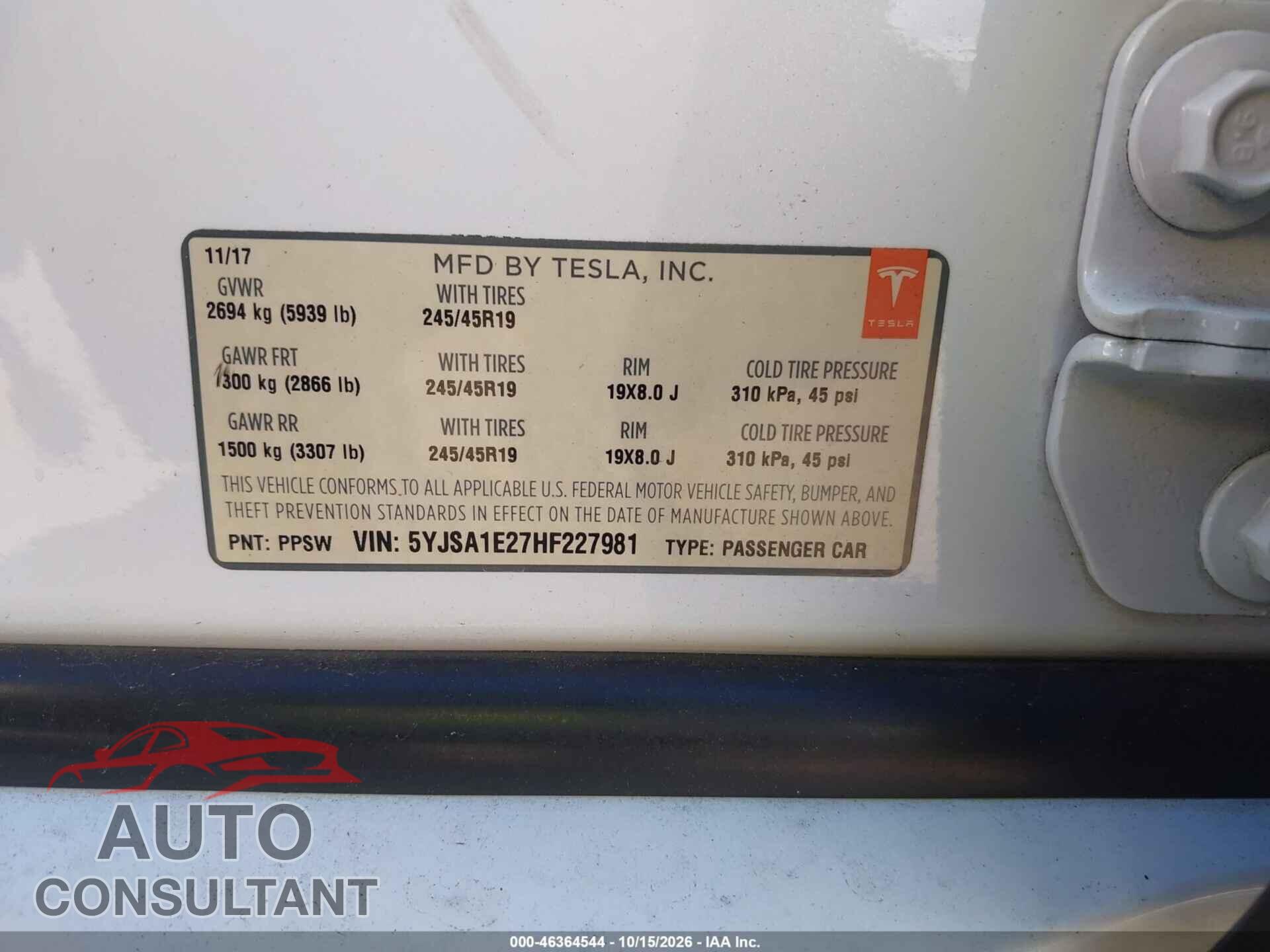 TESLA MODEL S 2017 - 5YJSA1E27HF227981