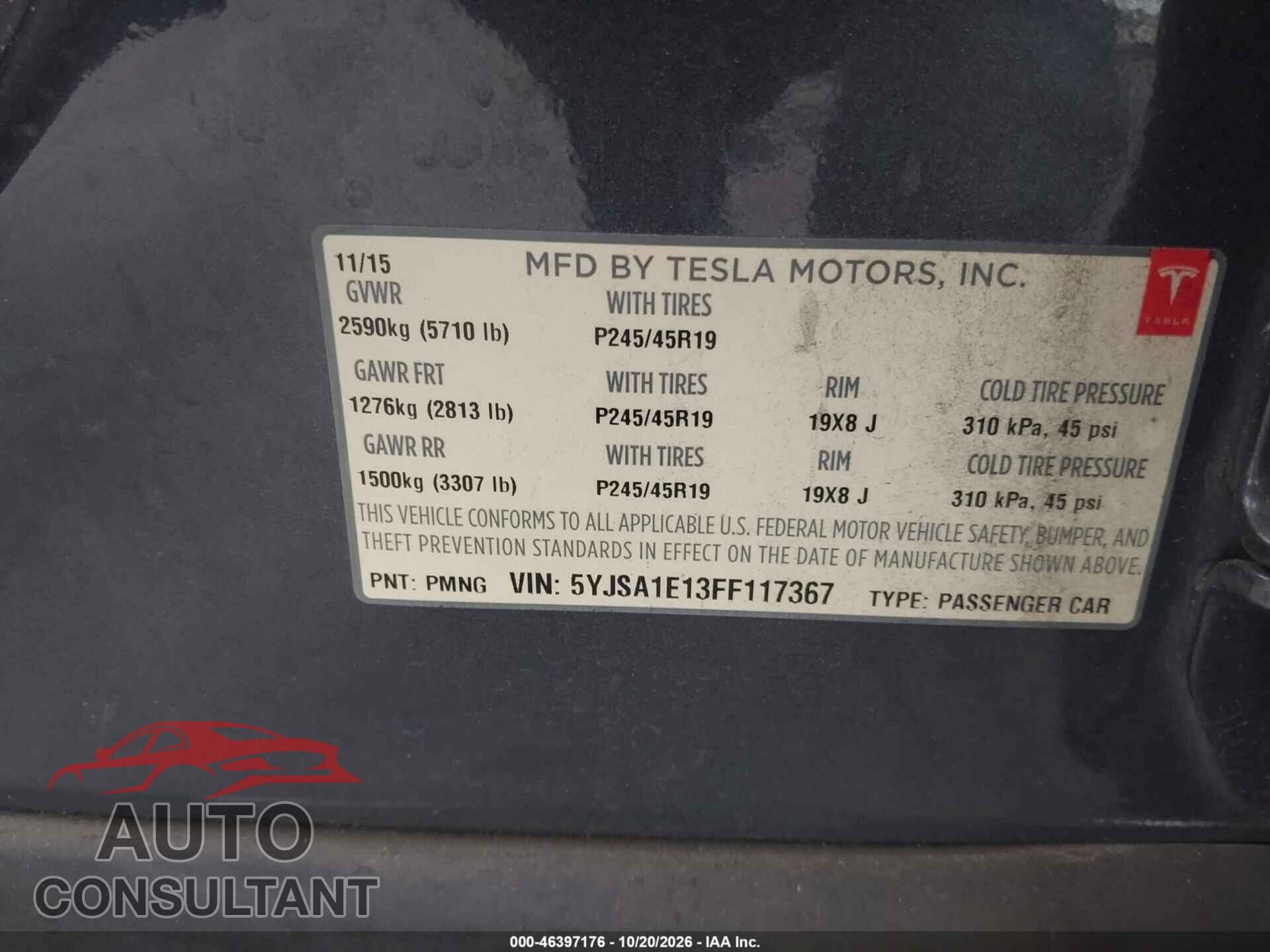 TESLA MODEL S 2015 - 5YJSA1E13FF117367