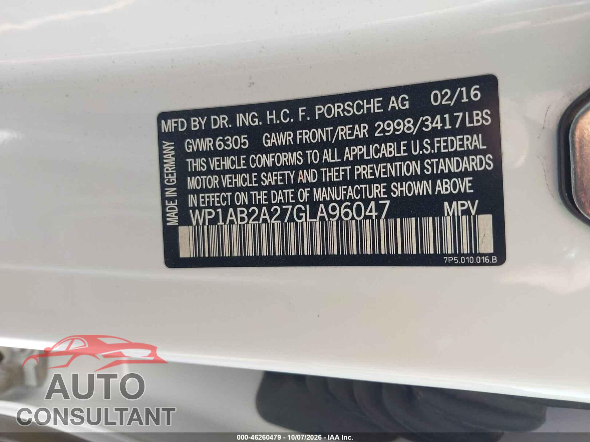 PORSCHE CAYENNE 2016 - WP1AB2A27GLA96047