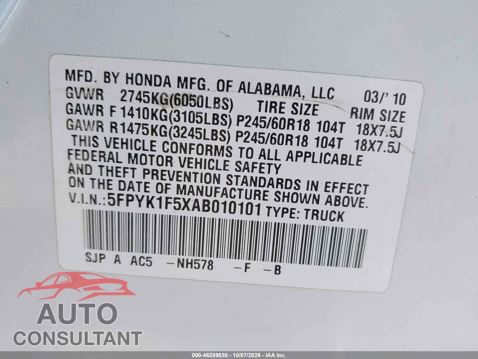 HONDA RIDGELINE 2010 - 5FPYK1F5XAB010101