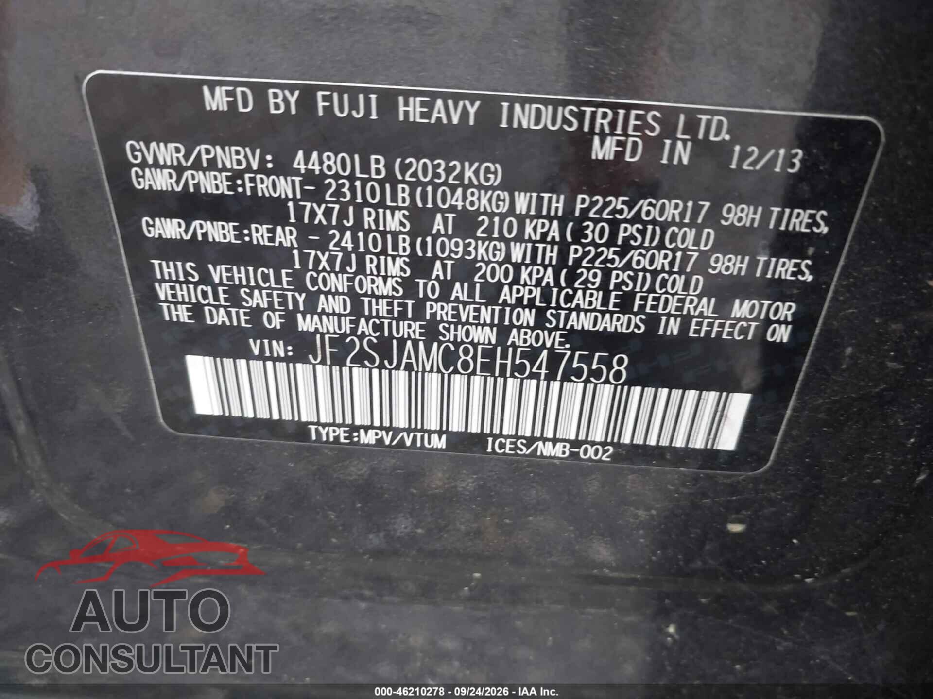SUBARU FORESTER 2014 - JF2SJAMC8EH547558
