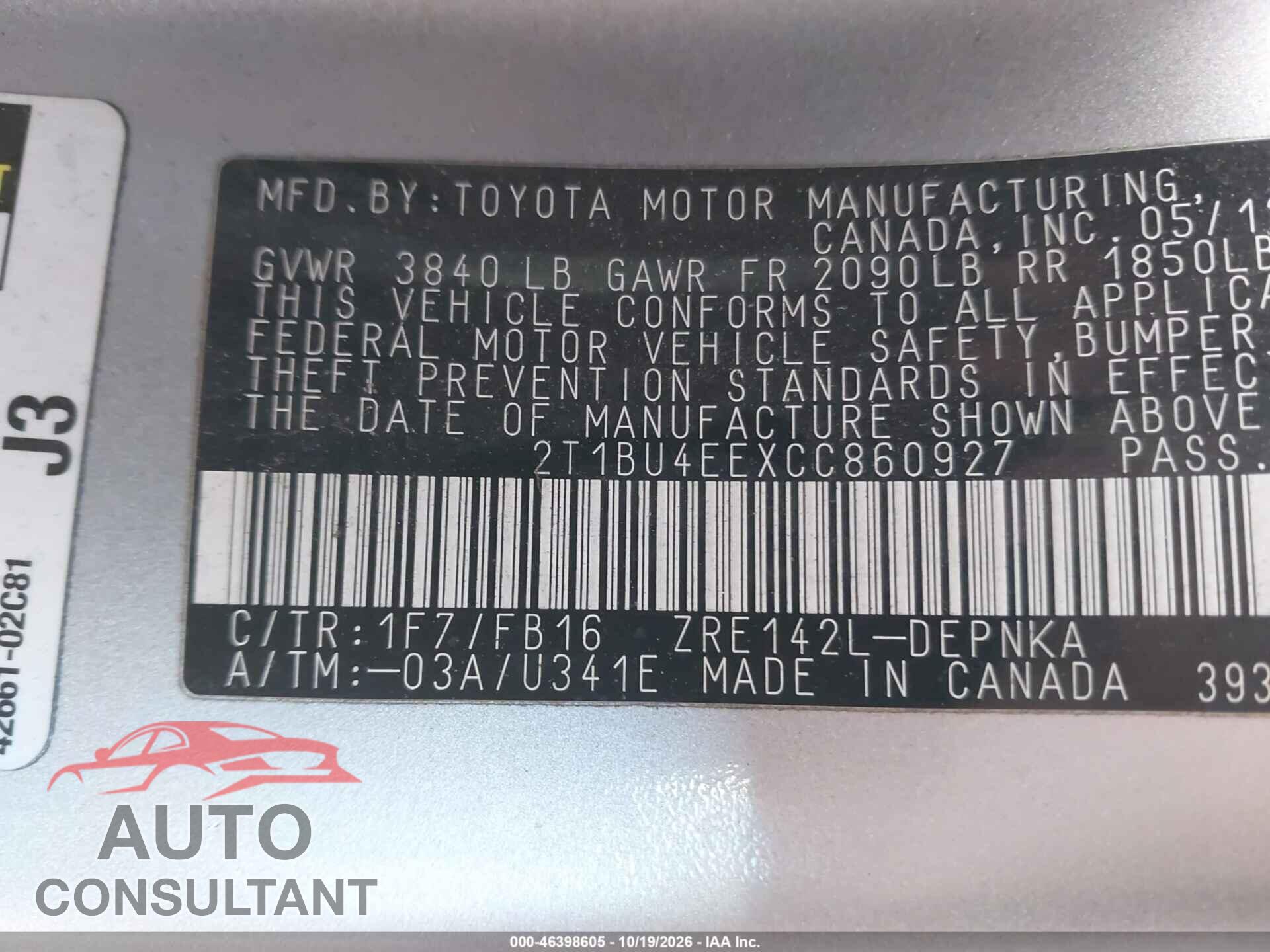 TOYOTA COROLLA 2012 - 2T1BU4EEXCC860927