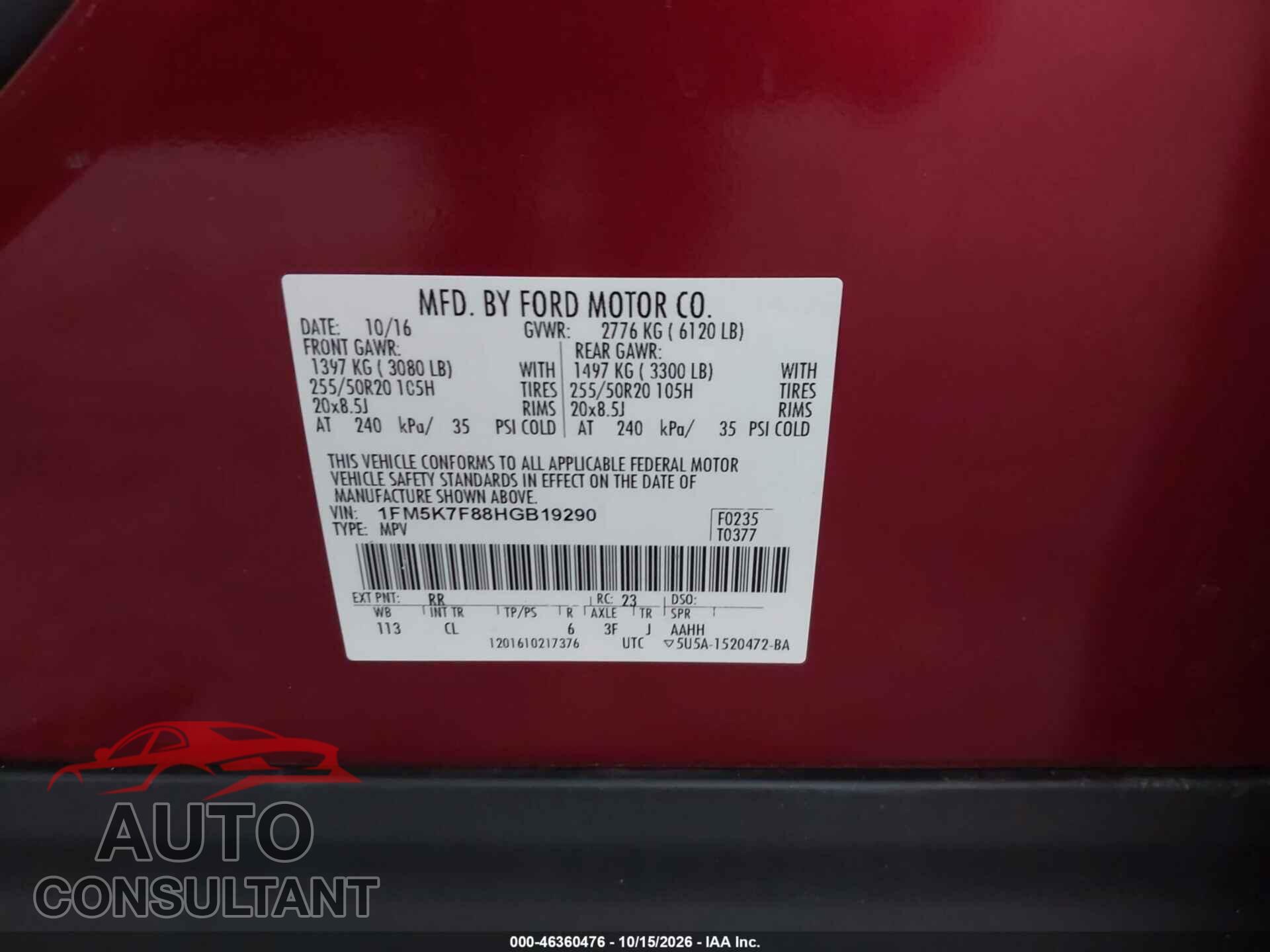 FORD EXPLORER 2017 - 1FM5K7F88HGB19290