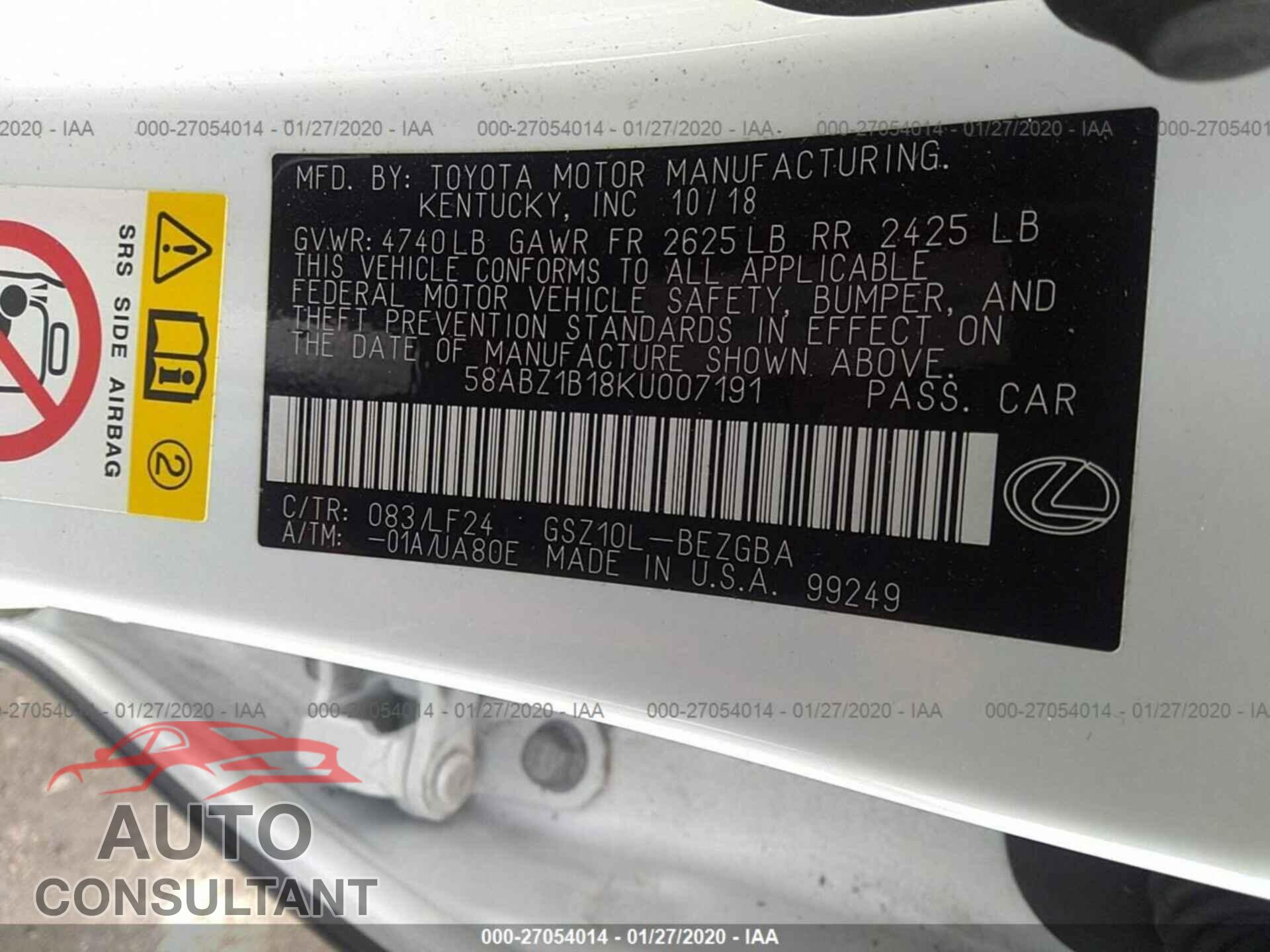 LEXUS ES 2019 - 58ABZ1B18KU007191