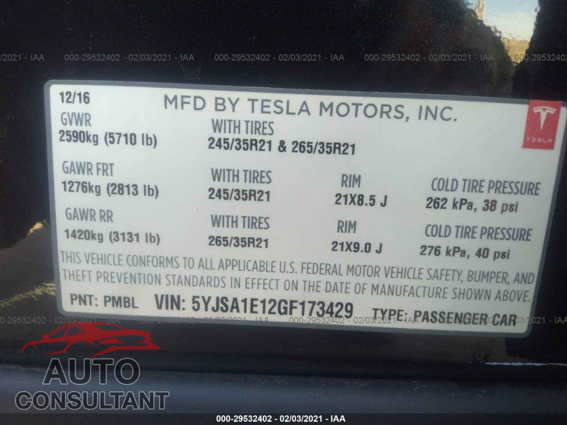 TESLA MODEL S 2016 - 5YJSA1E12GF173429