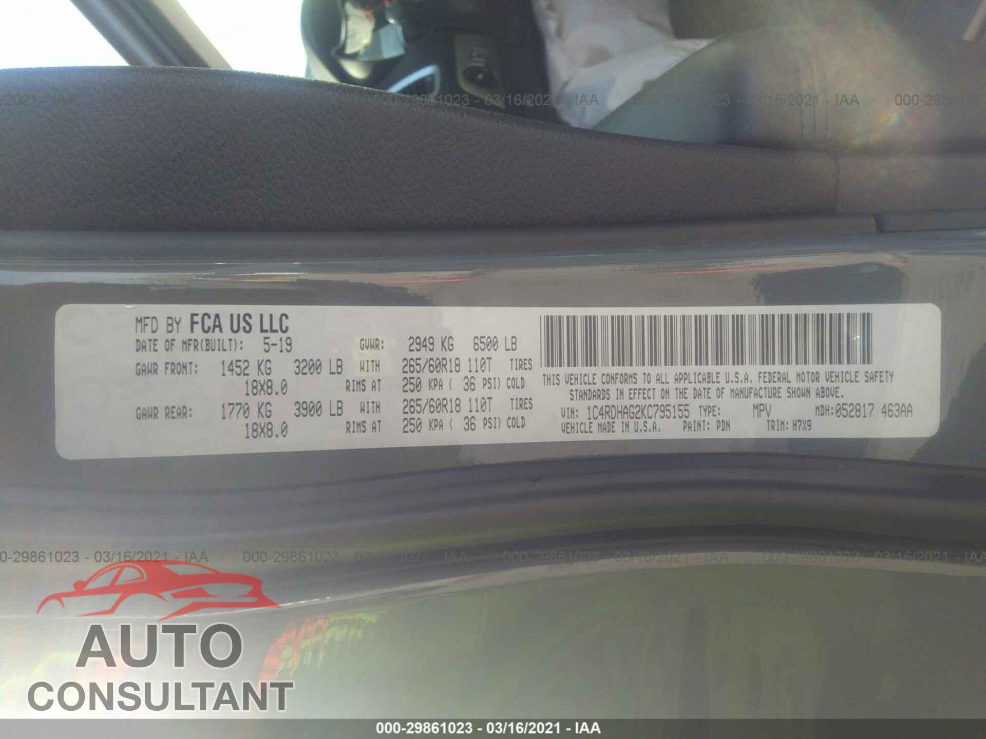 DODGE DURANGO 2019 - 1C4RDHAG2KC795155