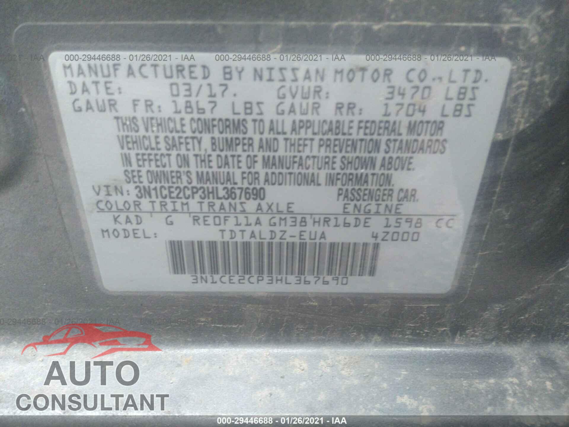 NISSAN VERSA NOTE 2017 - 3N1CE2CP3HL367690