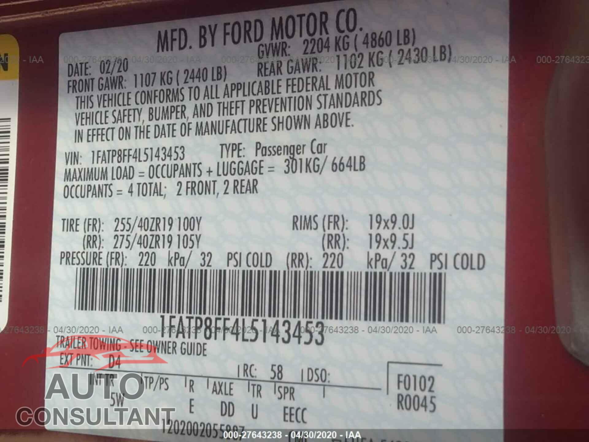 FORD MUSTANG 2020 - 1FATP8FF4L5143453