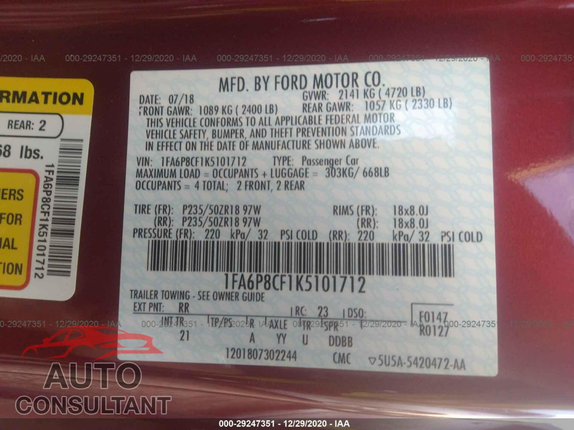 FORD MUSTANG 2019 - 1FA6P8CF1K5101712