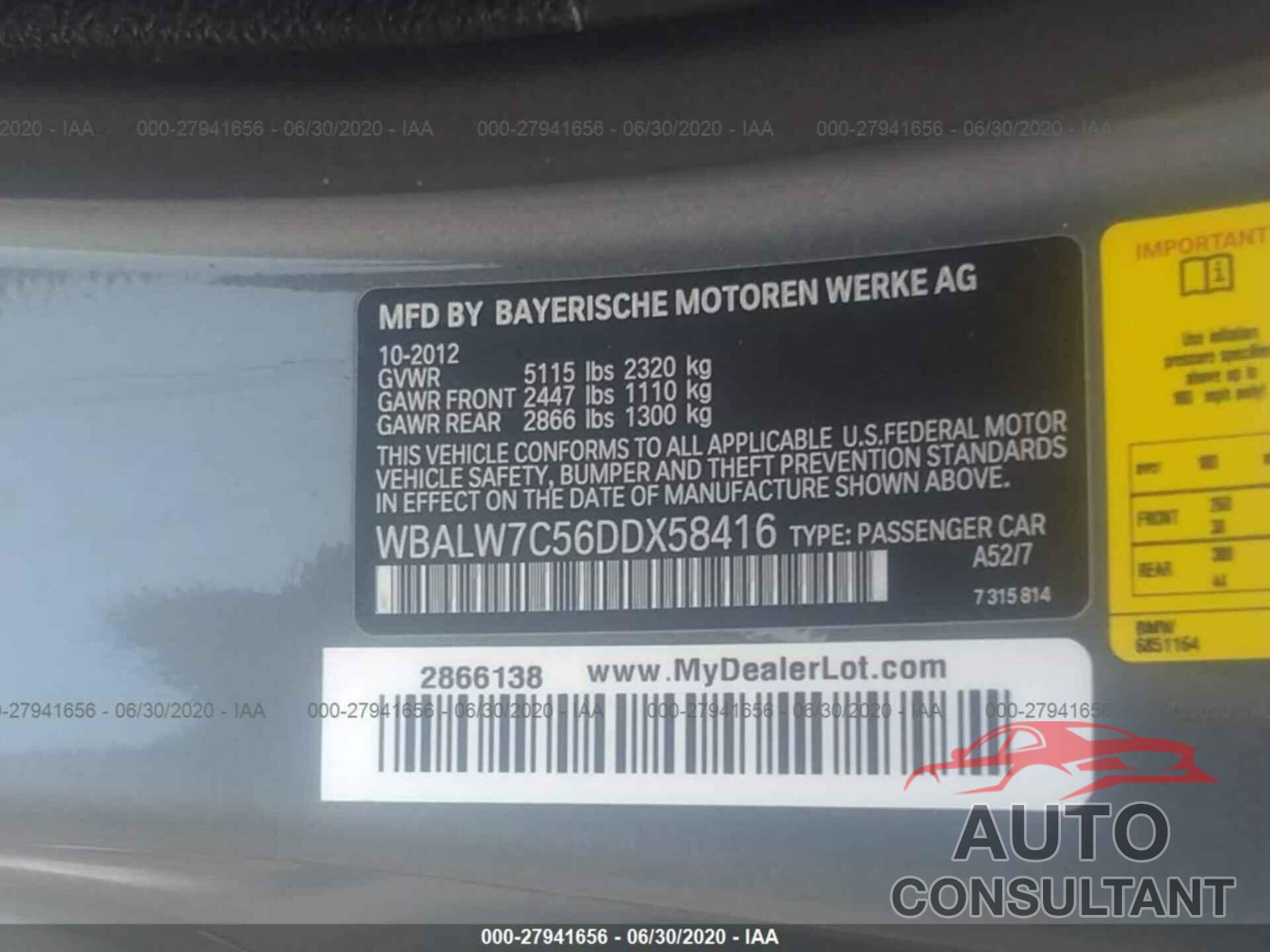 BMW 6 SERIES 2013 - WBALW7C56DDX58416
