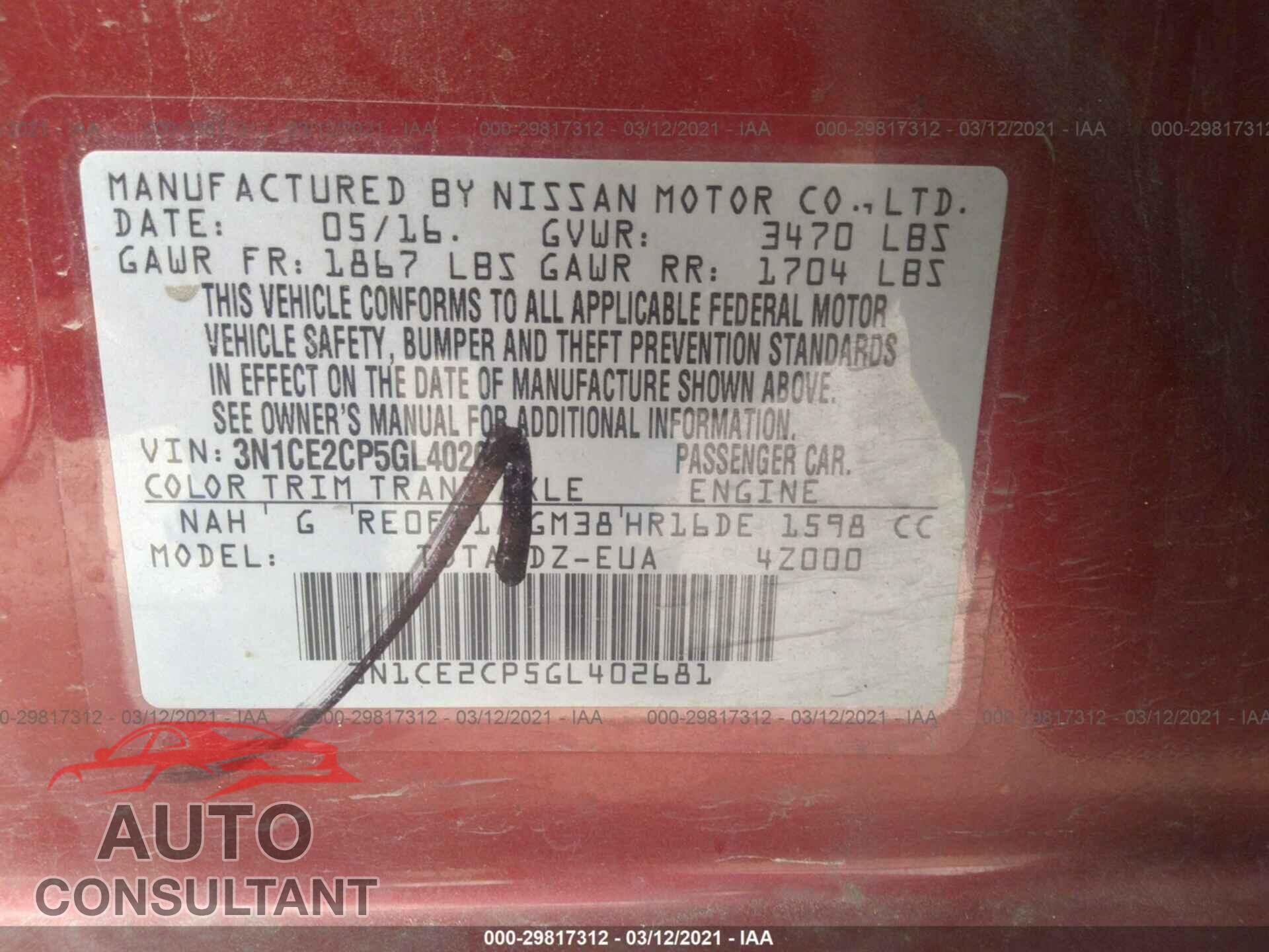 NISSAN VERSA NOTE 2016 - 3N1CE2CP5GL402681