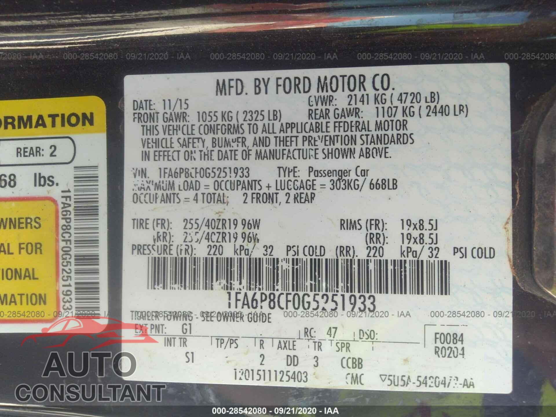 FORD MUSTANG 2016 - 1FA6P8CF0G5251933