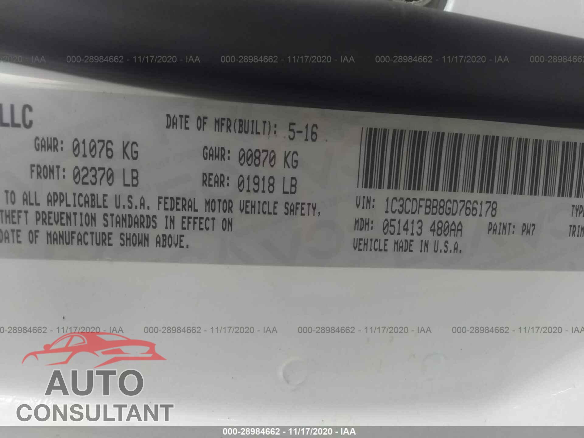 DODGE DART 2016 - 1C3CDFBB8GD766178