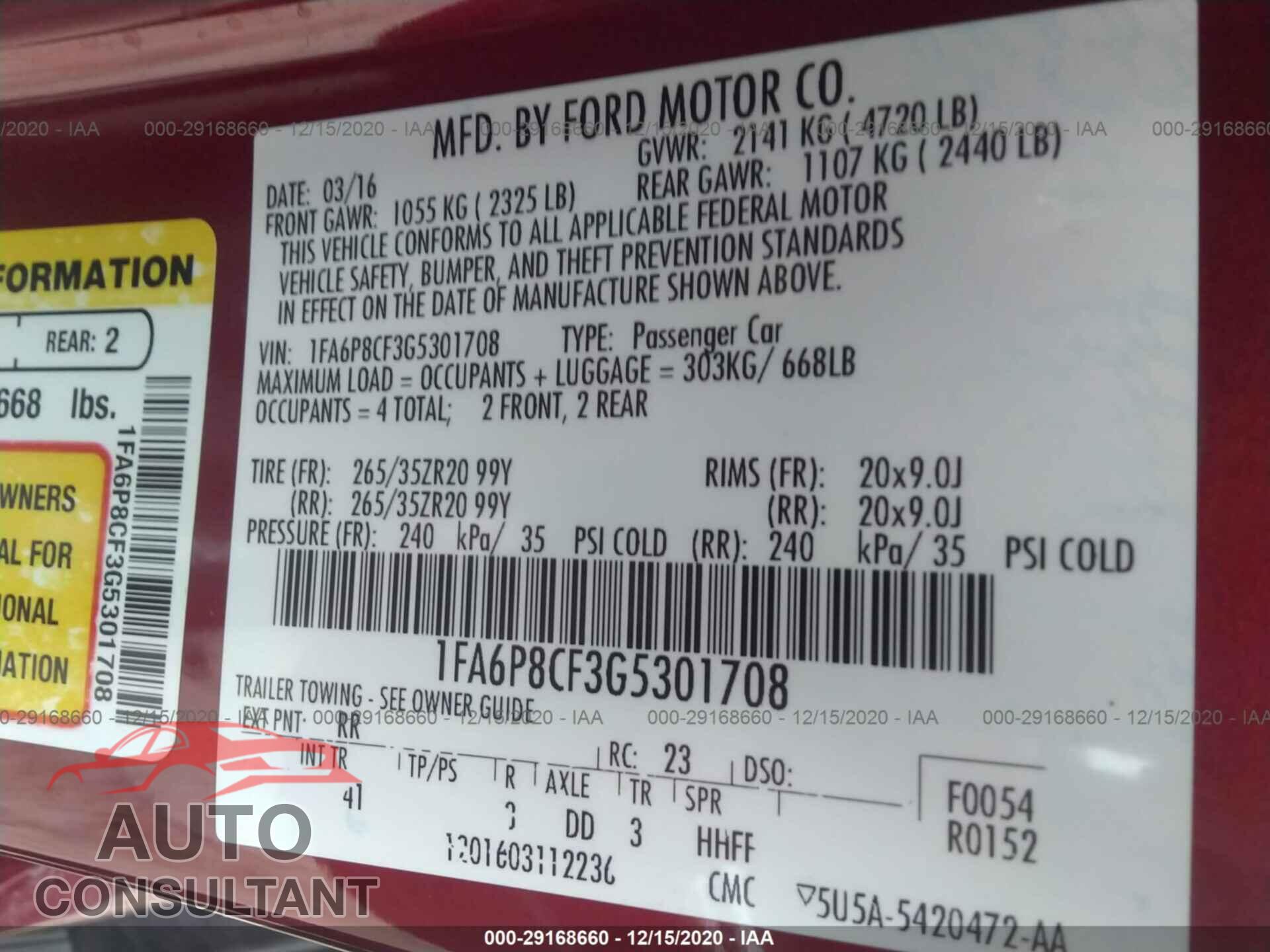 FORD MUSTANG 2016 - 1FA6P8CF3G5301708