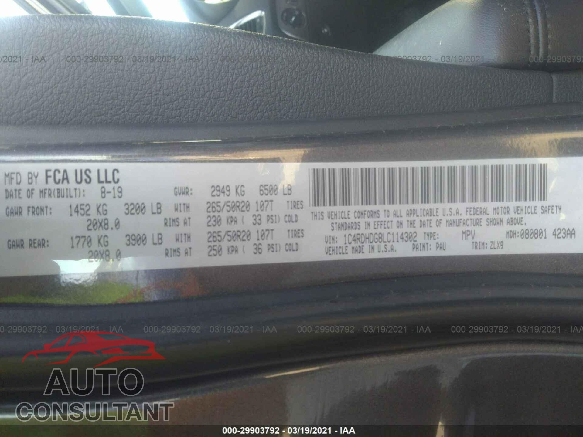 DODGE DURANGO 2020 - 1C4RDHDG8LC114302