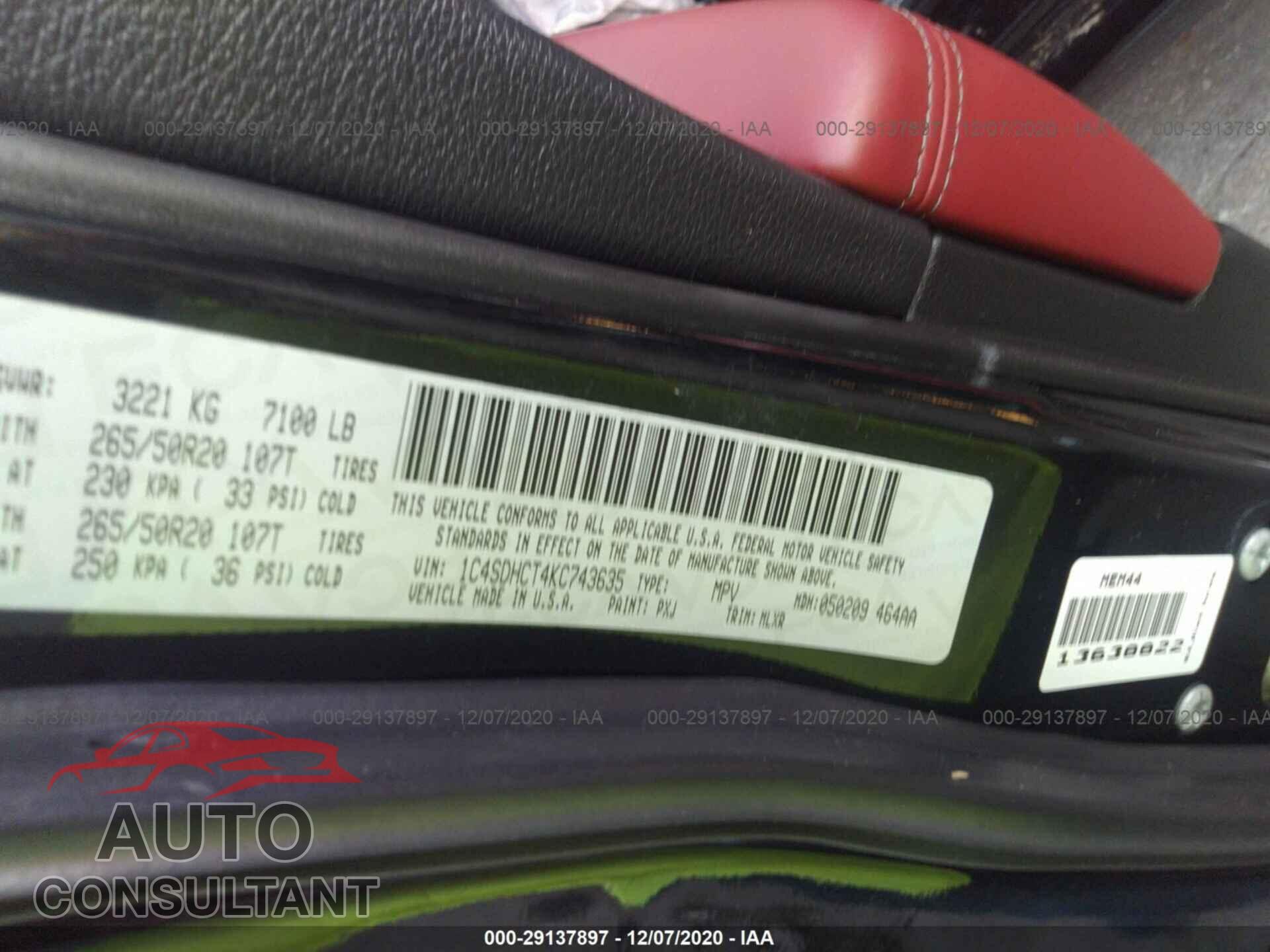 DODGE DURANGO 2019 - 1C4SDHCT4KC743635
