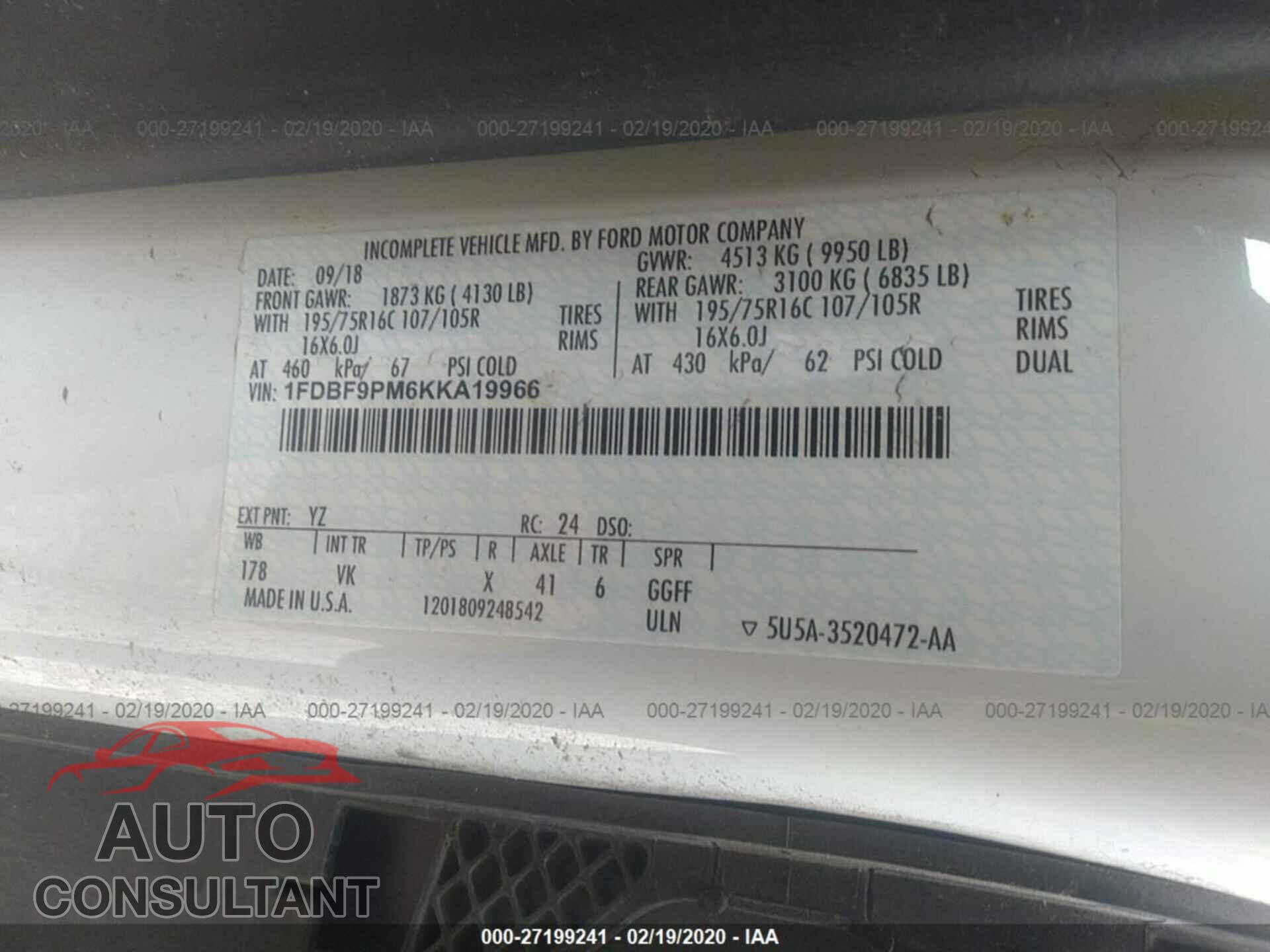 FORD TRANSIT CUTAWAY 2019 - 1FDBF9PM6KKA19966