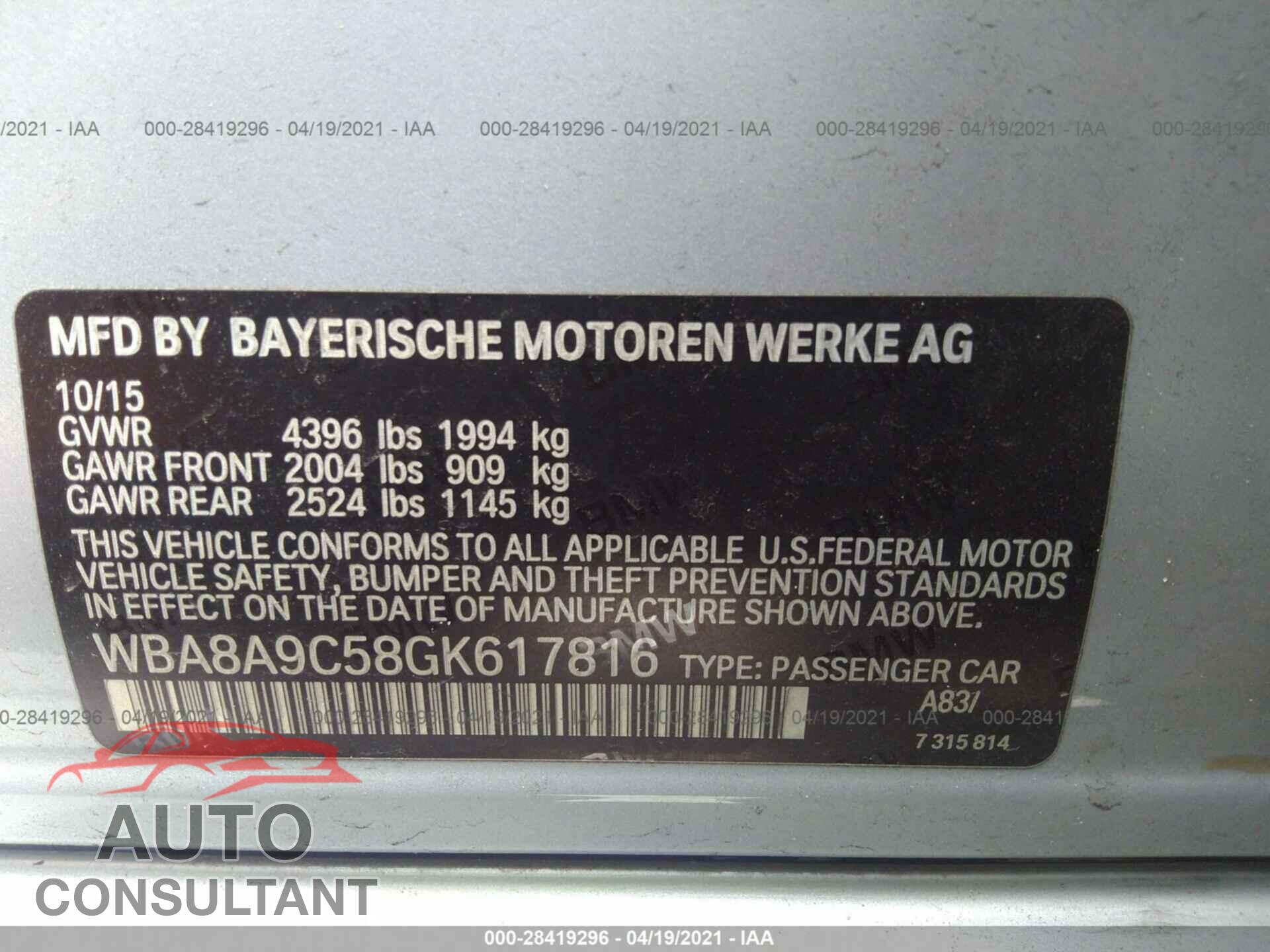 BMW 3 SERIES 2016 - WBA8A9C58GK617816