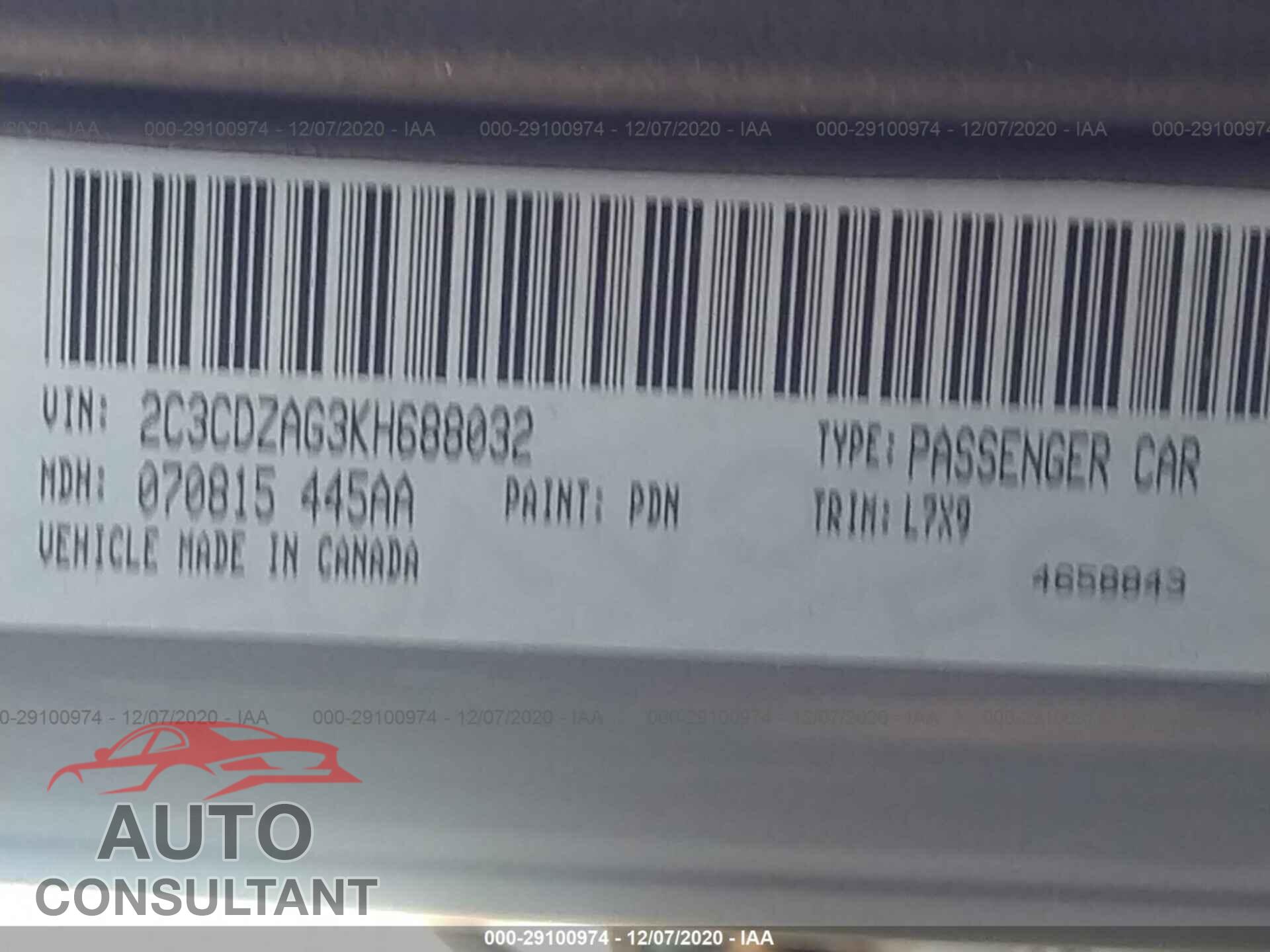 DODGE CHALLENGER 2019 - 2C3CDZAG3KH688032