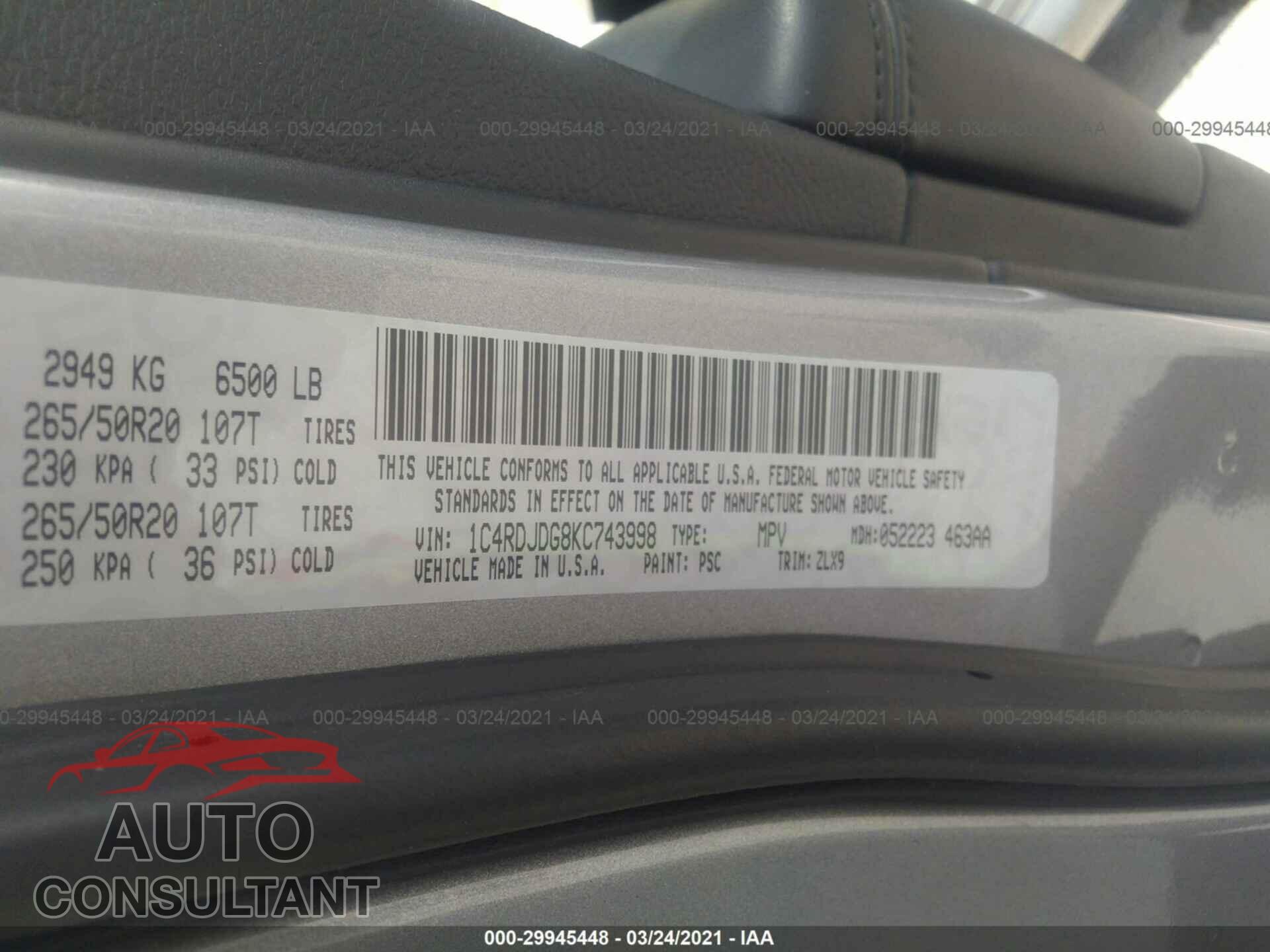 DODGE DURANGO 2019 - 1C4RDJDG8KC743998