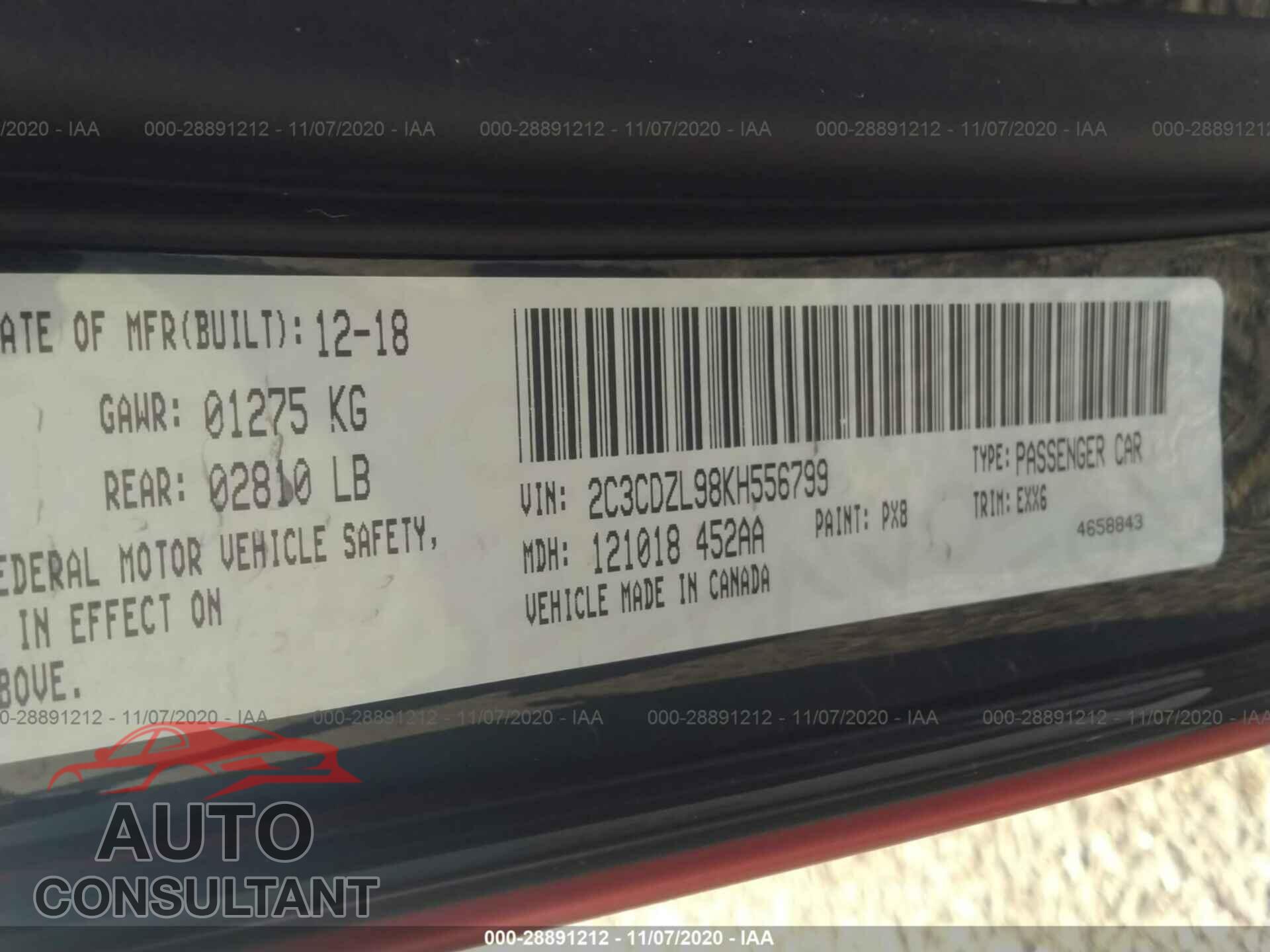 DODGE CHALLENGER 2019 - 2C3CDZL98KH556799