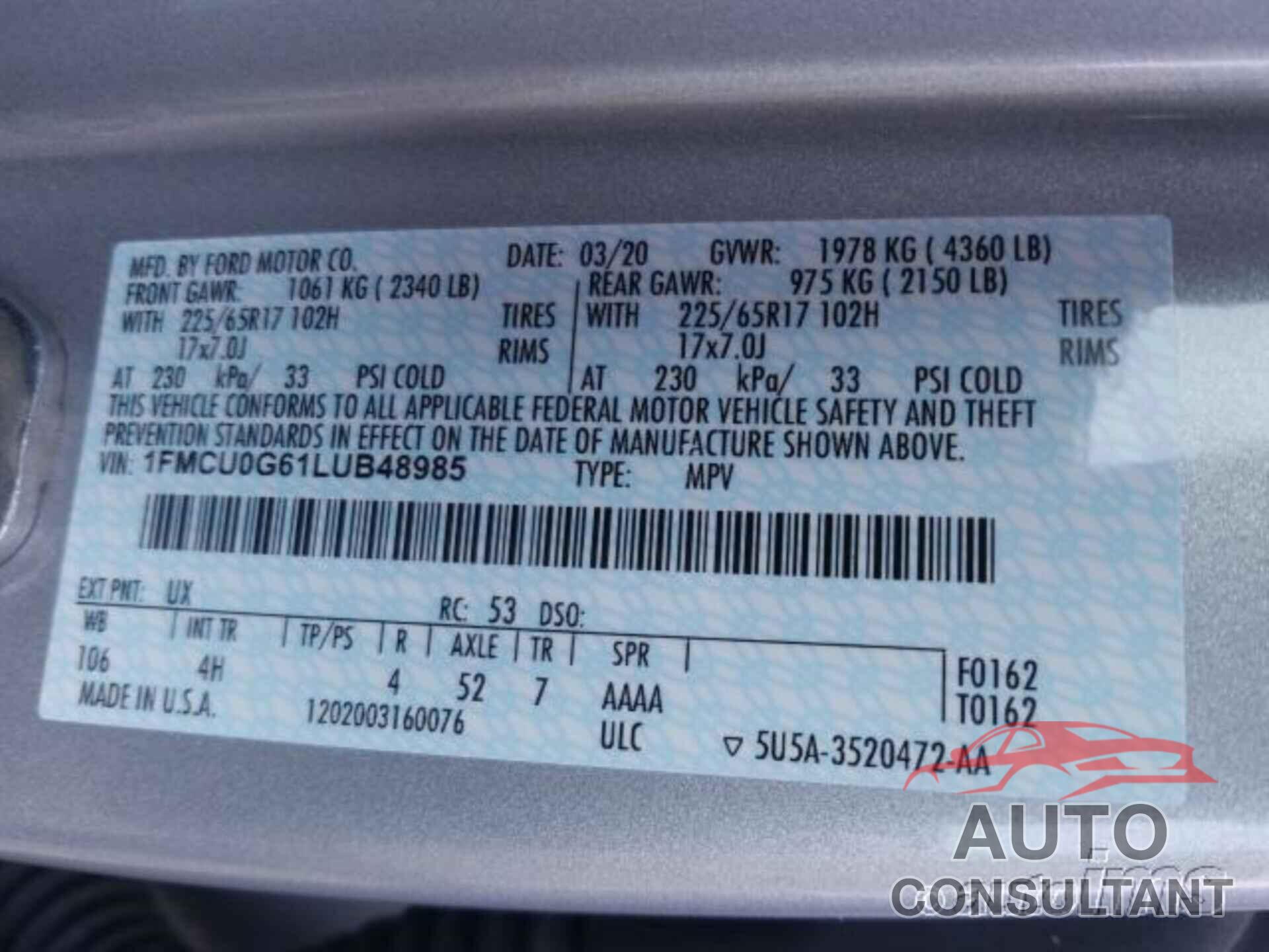 FORD ESCAPE 2020 - 1FMCU0G61LUB48985