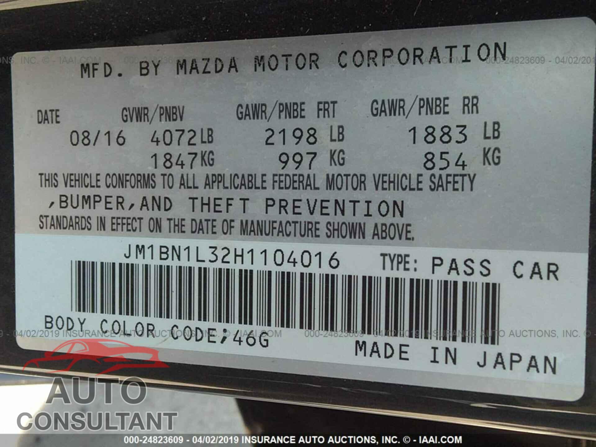 MAZDA 3 2017 - JM1BN1L32H1104016