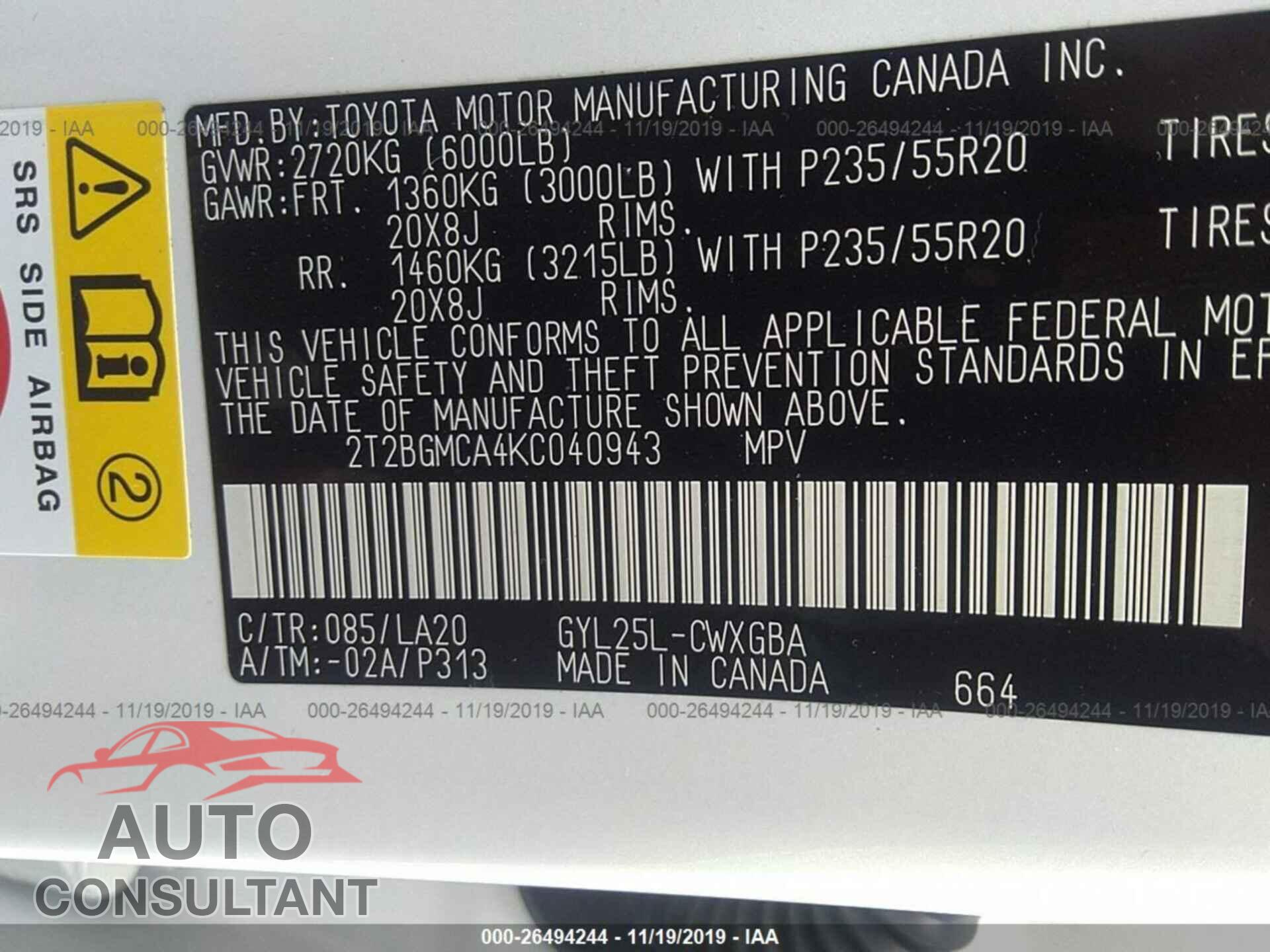 LEXUS RX 2019 - 2T2BGMCA4KC040943