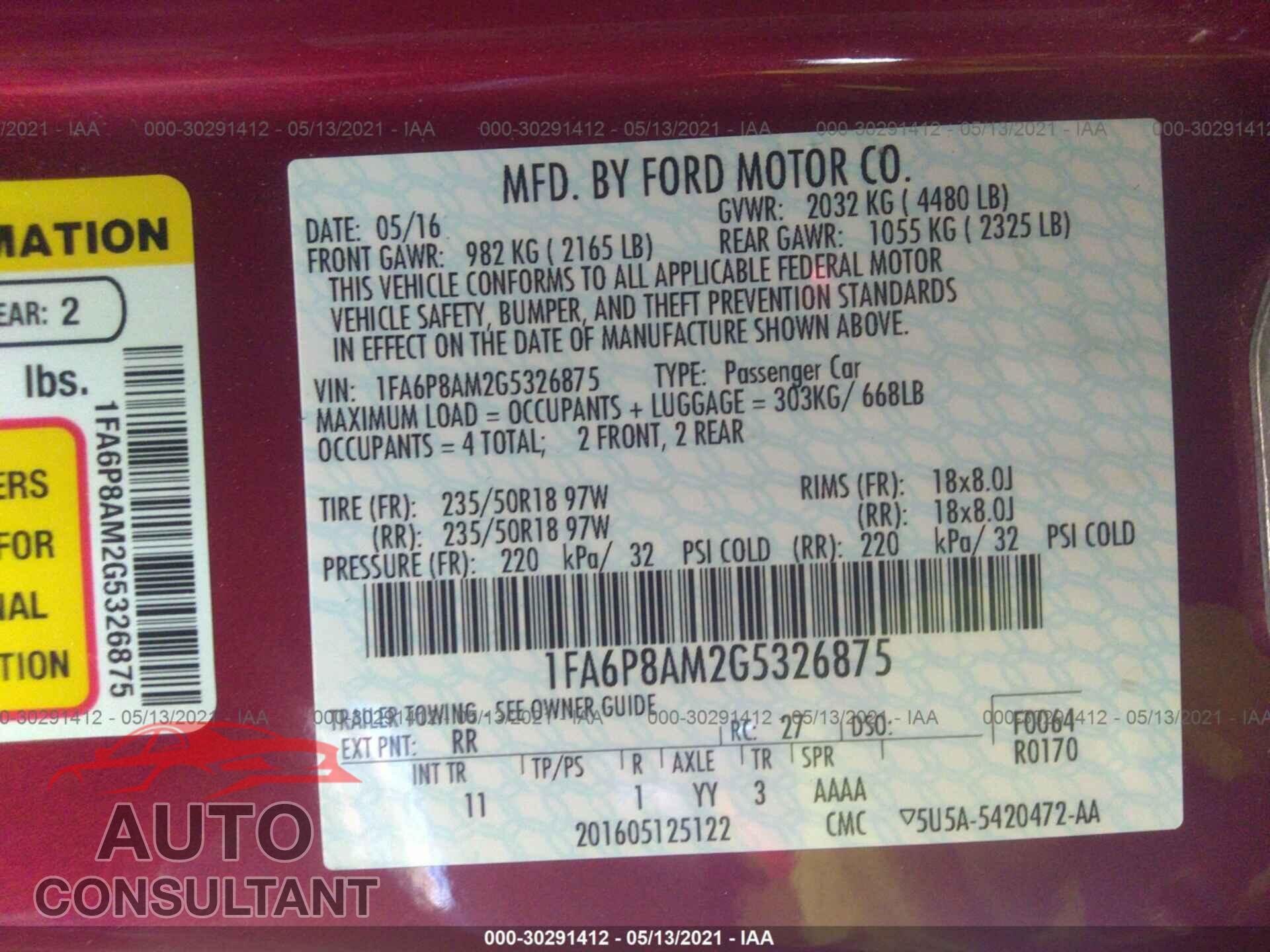 FORD MUSTANG 2016 - 1FA6P8AM2G5326875