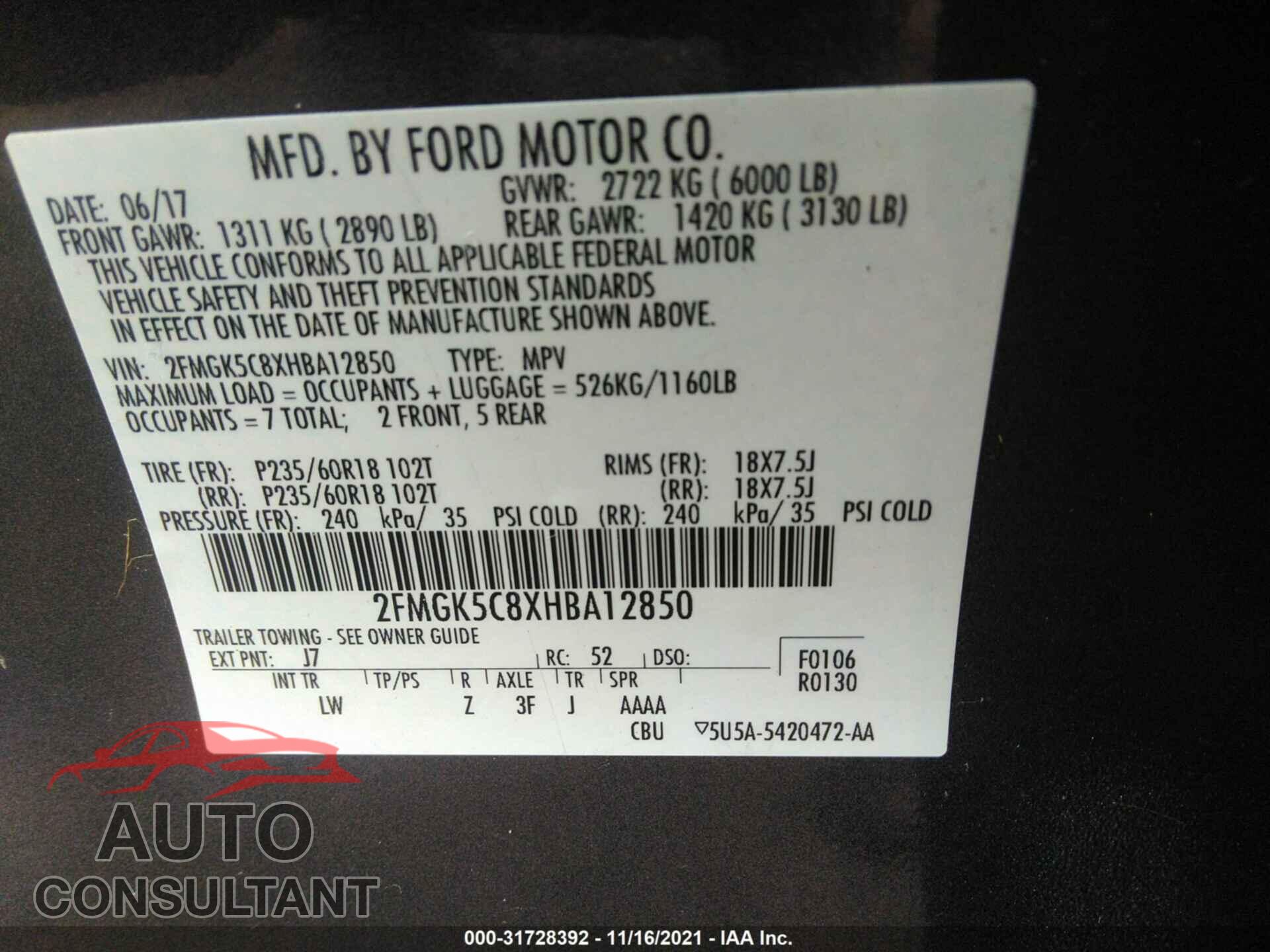FORD FLEX 2017 - 2FMGK5C8XHBA12850