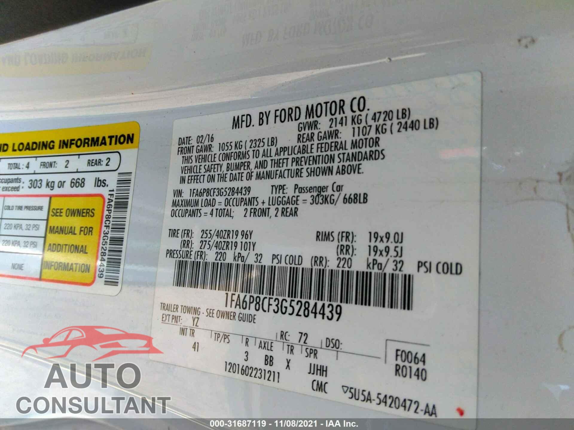 FORD MUSTANG 2016 - 1FA6P8CF3G5284439