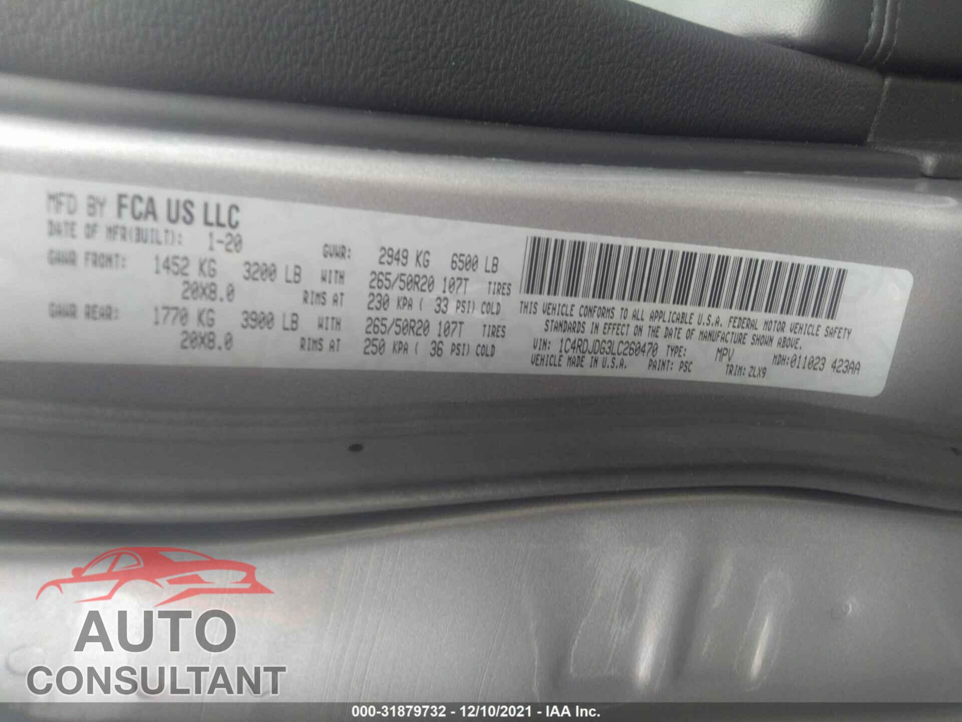 DODGE DURANGO 2020 - 1C4RDJDG3LC260470