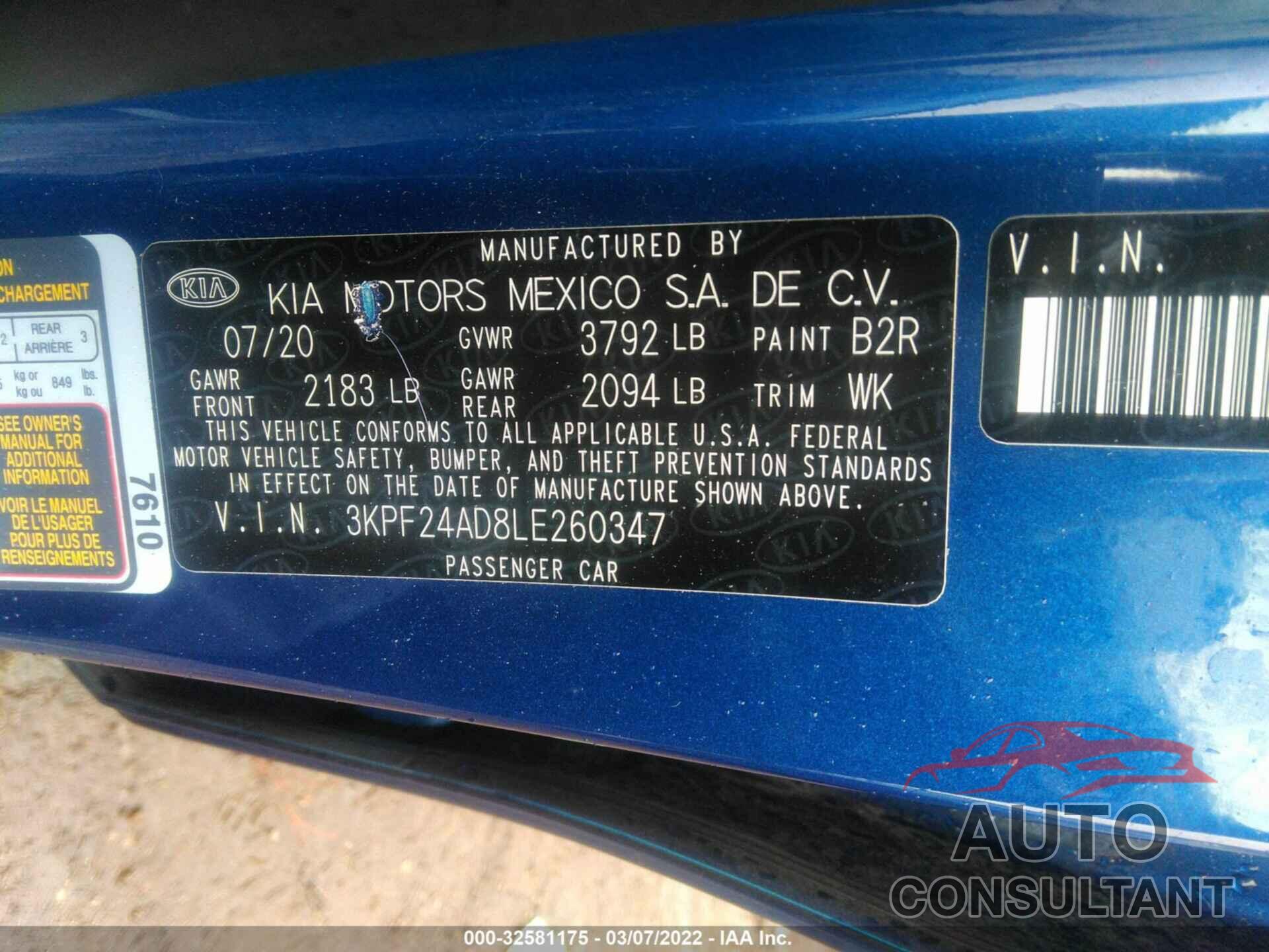 KIA FORTE 2020 - 3KPF24AD8LE260347