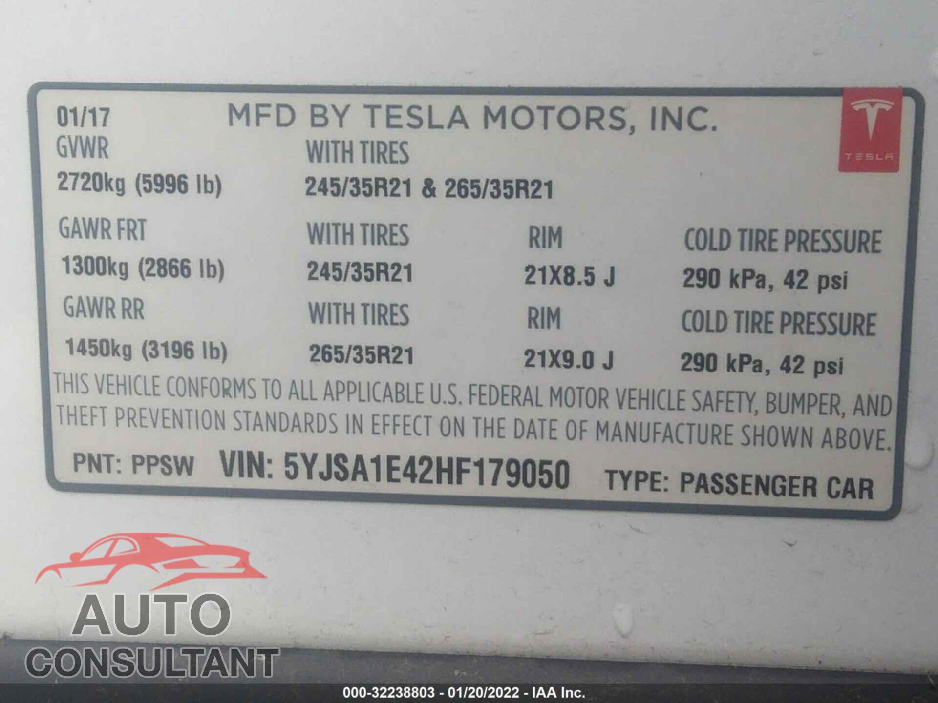 TESLA MODEL S 2017 - 5YJSA1E42HF179050