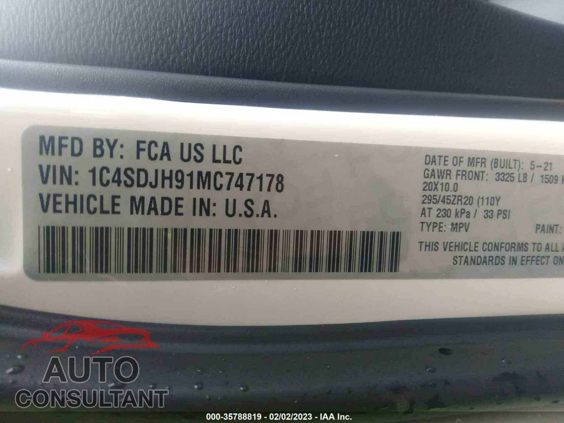 DODGE DURANGO 2021 - 1C4SDJH91MC747178