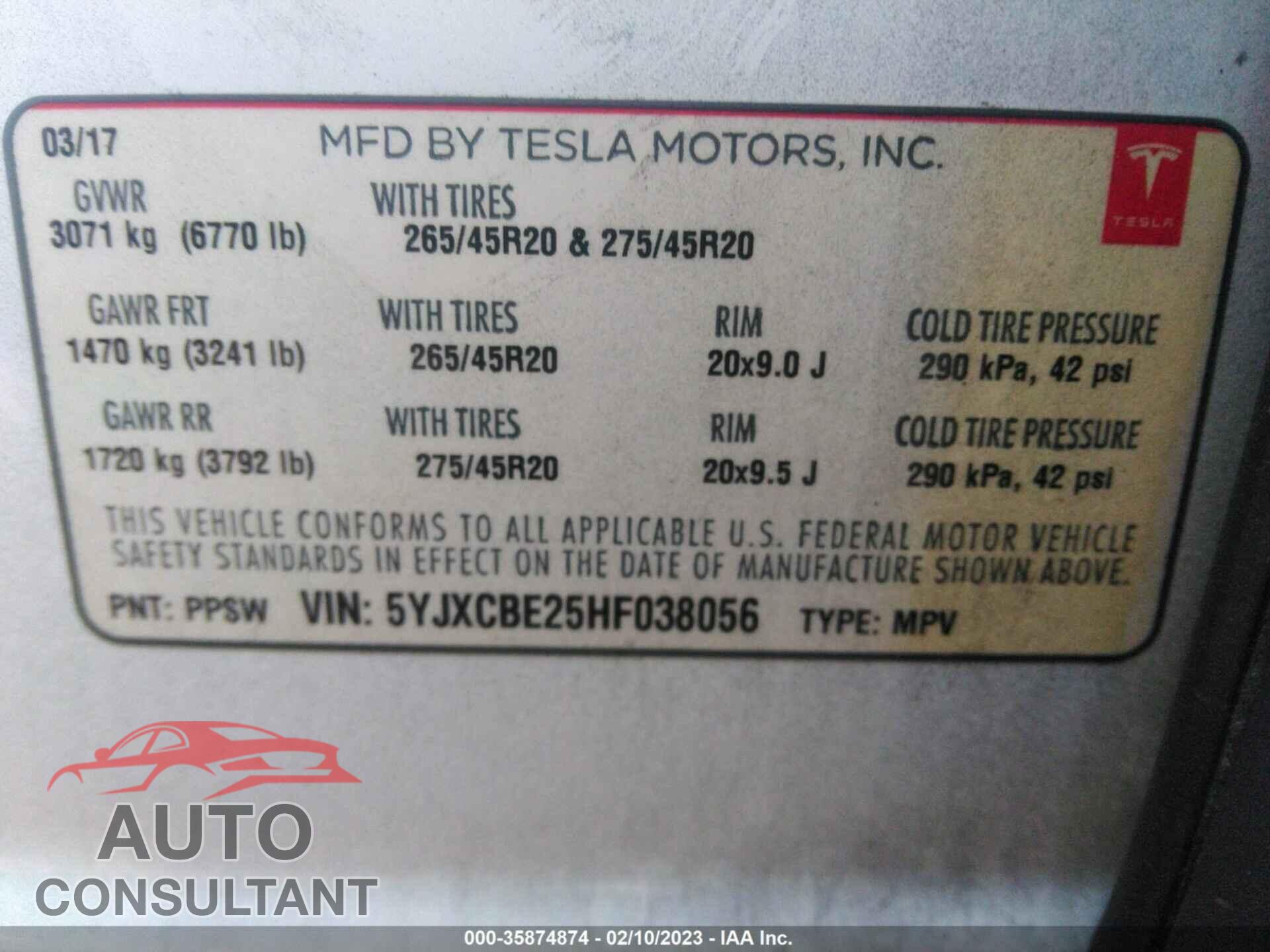 TESLA MODEL X 2017 - 5YJXCBE25HF038056
