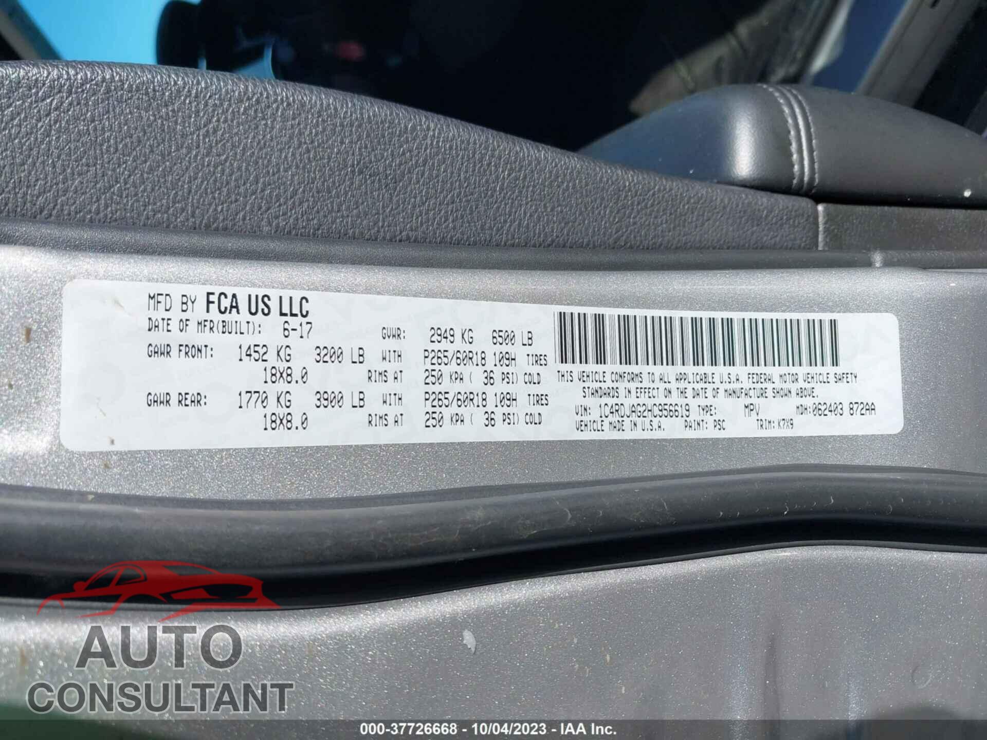 DODGE DURANGO 2017 - 1C4RDJAG2HC956619