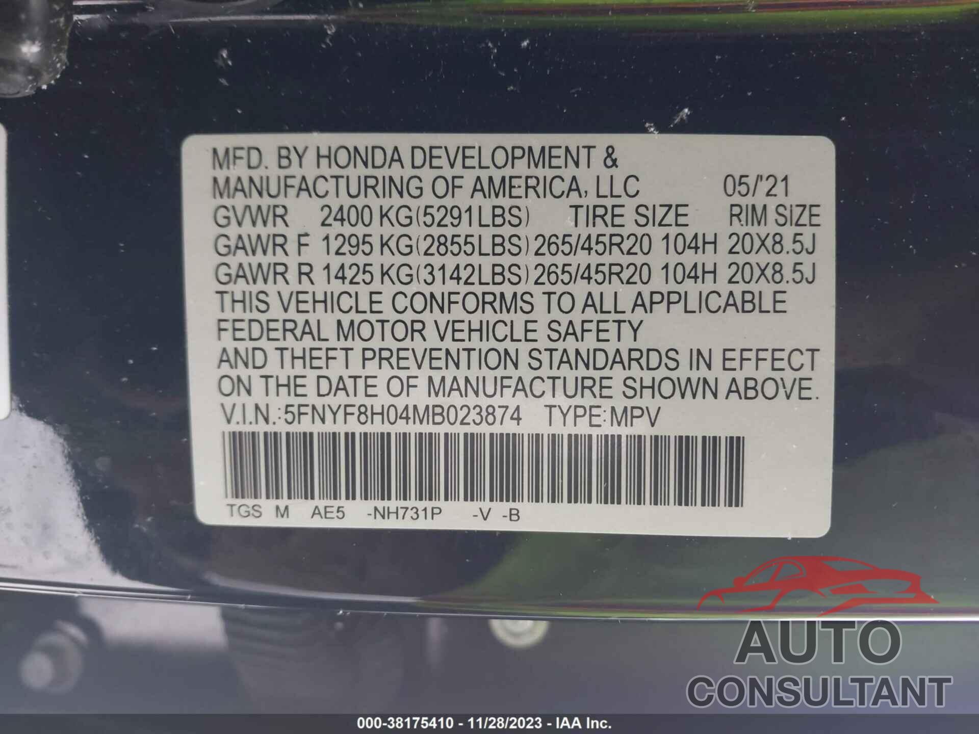 HONDA PASSPORT 2021 - 5FNYF8H04MB023874